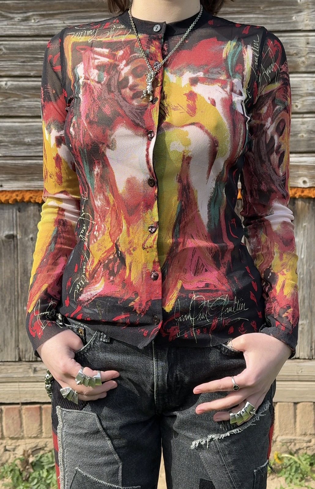 Jean Paul Gaultier 90s Vintage Jean Paul Gaultier Painted Woman Mesh Cardigan Size S / US 4 / IT 40 - 1 Thumbnail