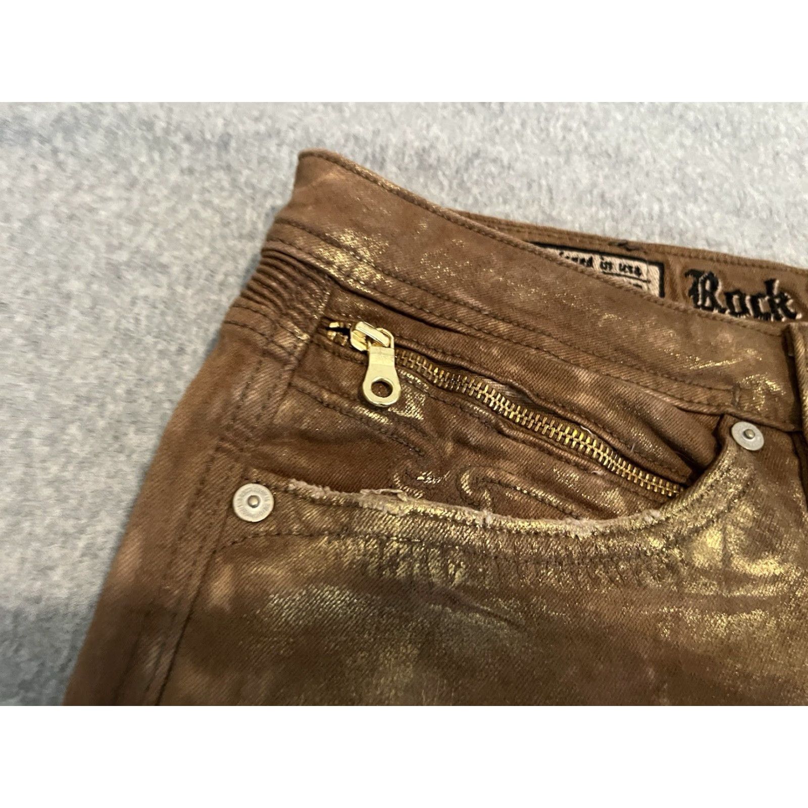 Vintage Rock Revival Jeans Distressed Gold Mens 38x33 NWT Moto Jezek Denim Biker Cotton/Elastane Jeans Mens Distressed Gold 38x33 NWT Size US 38 / EU 54 - 5 Thumbnail