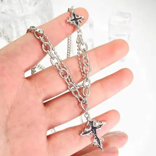 Japanese Brand Retro punk gothic melting cross layered chain necklace y2k Size ONE SIZE - 7 Thumbnail