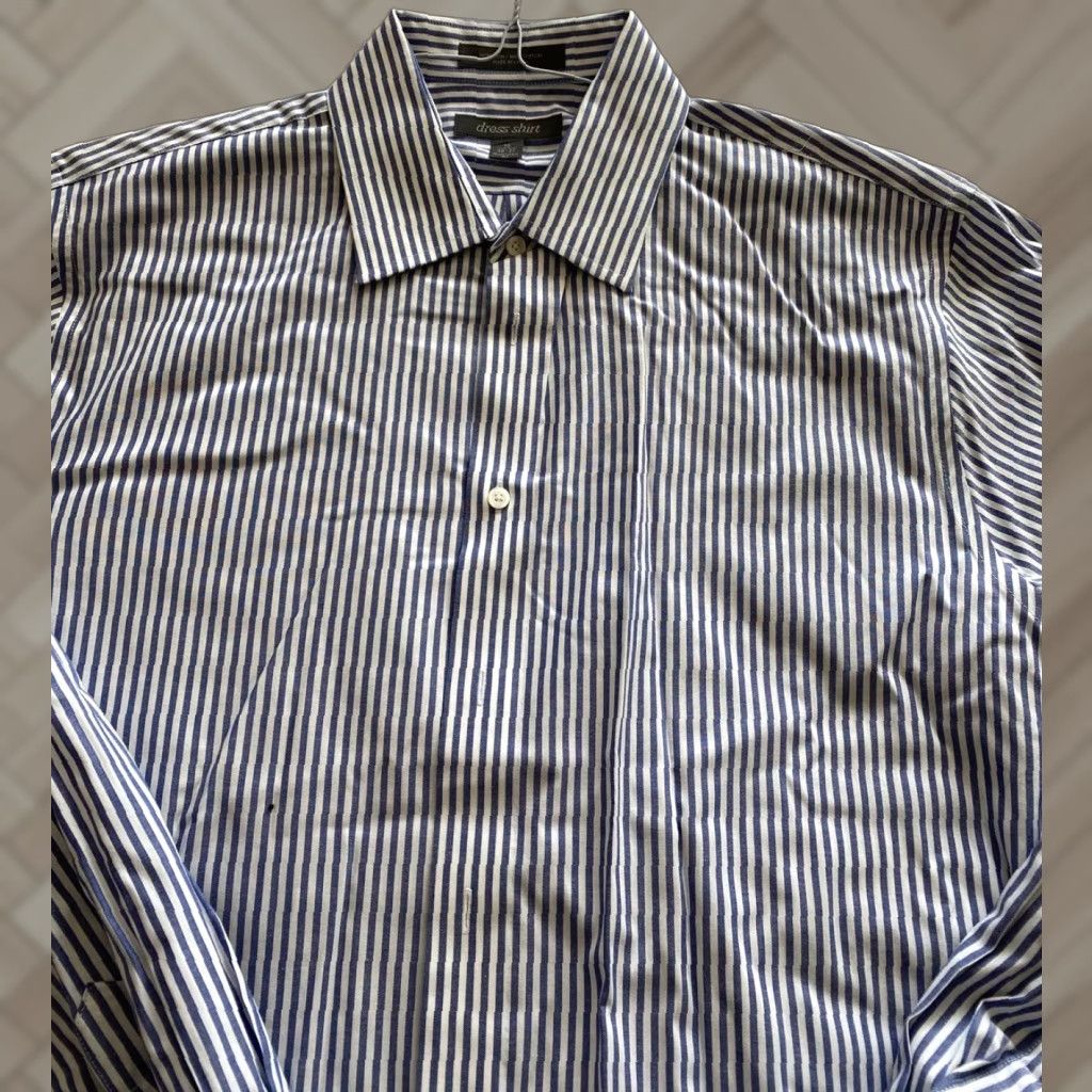 Vintage Dress Shirt Button Shirt Men's Size 16 Blue Stripes Long Sleeve Poly Blend Classic Fit Dress Shirt Mens Size 42R - 1 Thumbnail