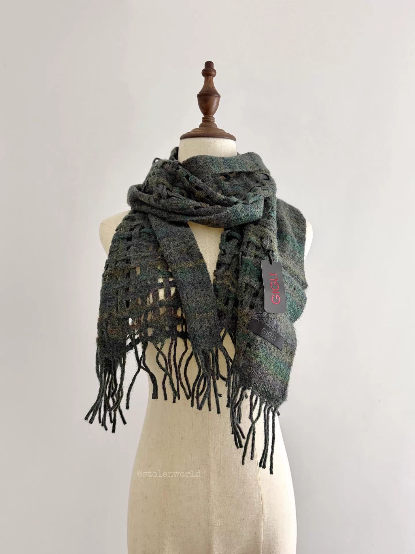 Romeo Gigli Romeo Gigli Moss Green Open Knit Tassel Wool Scarf Size ONE SIZE - 7 Thumbnail