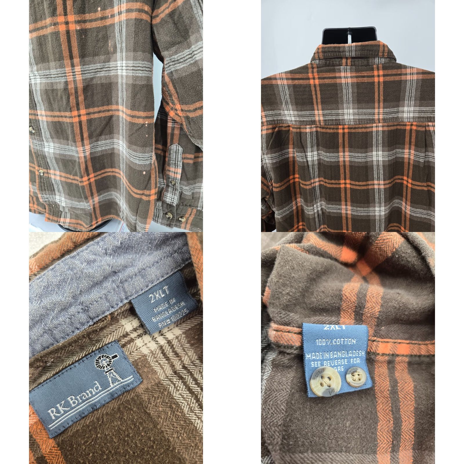 J Brand VINTAGE RK Brand Flannel Shirt 2XLT TALL Brown Orange Plaid Pocket Outdoor Walking Men Size US XXL / EU 58 / 5 - 9 Thumbnail