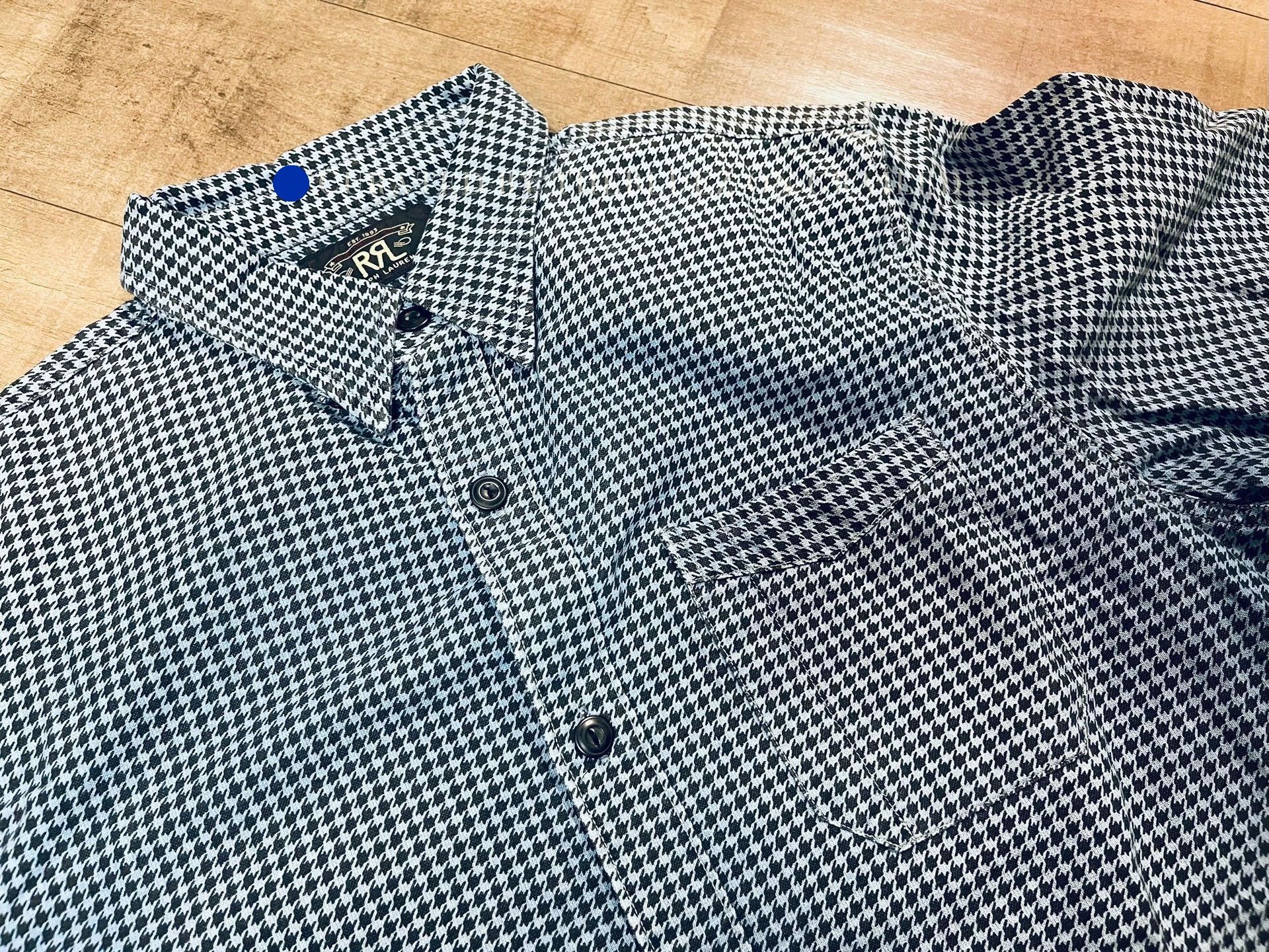 RRL Ralph Lauren indigo calico discharge print button down shirt
