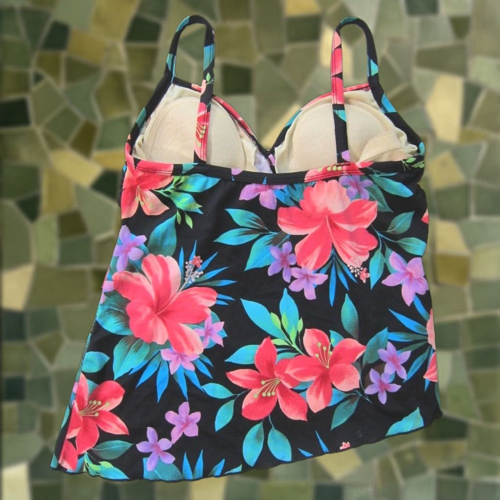 Pinko Jamaica Bay Black Green Pink Floral Hawaiian Built In Bra Tankini Swim Top 10 Size L / US 10 / IT 46 - 1 Thumbnail
