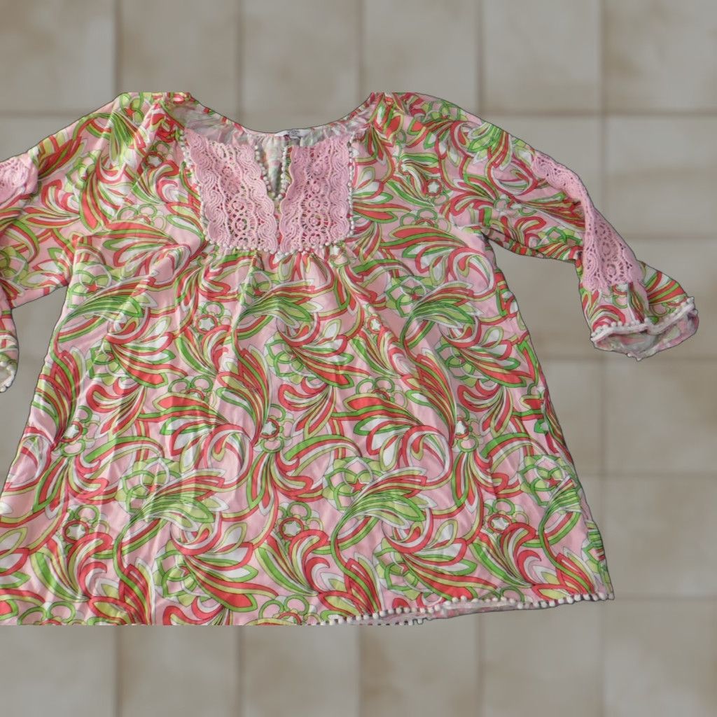 Vintage Crown & Ivy Blouse Women L Green Floral Knit Rayon Round Neck Pullover Casual Long Sleeve Classic Stretch Ladies Size L / US 10 / IT 46 - 1 Thumbnail