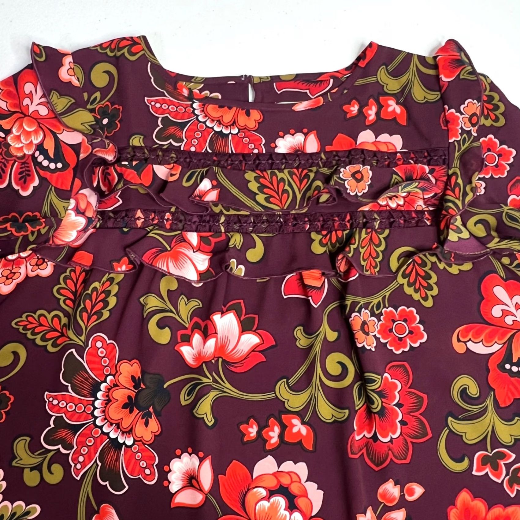 Loft LOFT Floral Crochet Long Sleeve Ruffle Top Womens XS Burgundy Red Olive Green Boho OfficeBlouse Size XS / US 0-2 / IT 36-38 - 4 Thumbnail