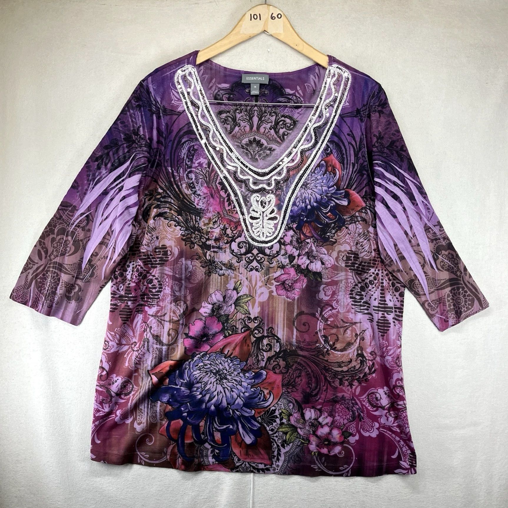 Essentials Women's 1X Blouse Tunic 3/4 Sleeve V-Neck Purple Geometric Sequin Bling Lightweight Stretch Polyester Essentials Shirt Womens Size XL / US 12-14 / IT 48-50 - 2 Thumbnail