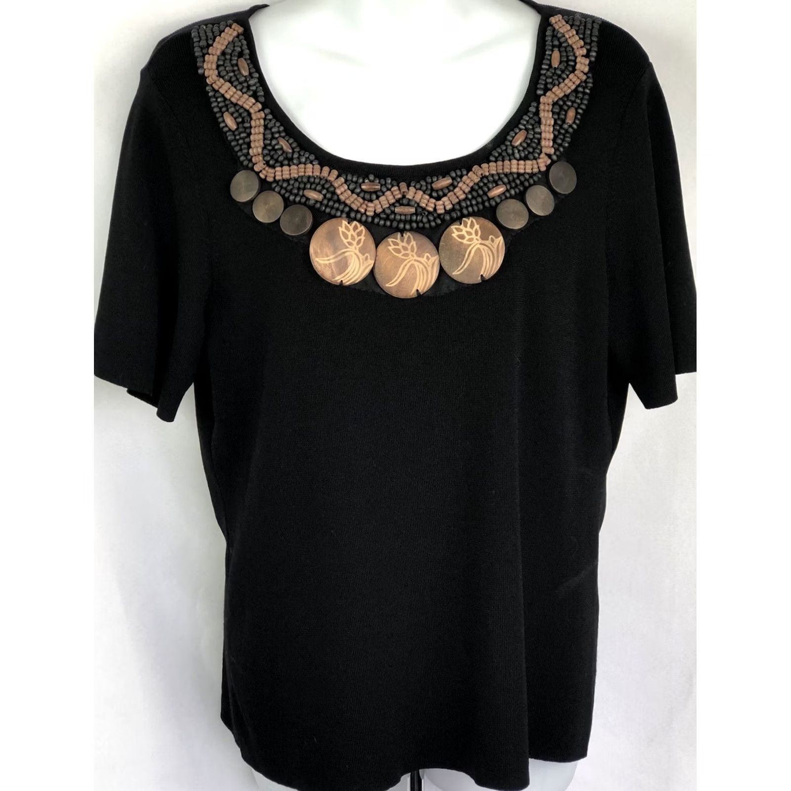 Vintage VINTAGE Once Again Rayon Knit top Blouse L Black Beaded Scoop Short Sleeve Pullover Boho Size L / US 10 / IT 46 - 2 Thumbnail