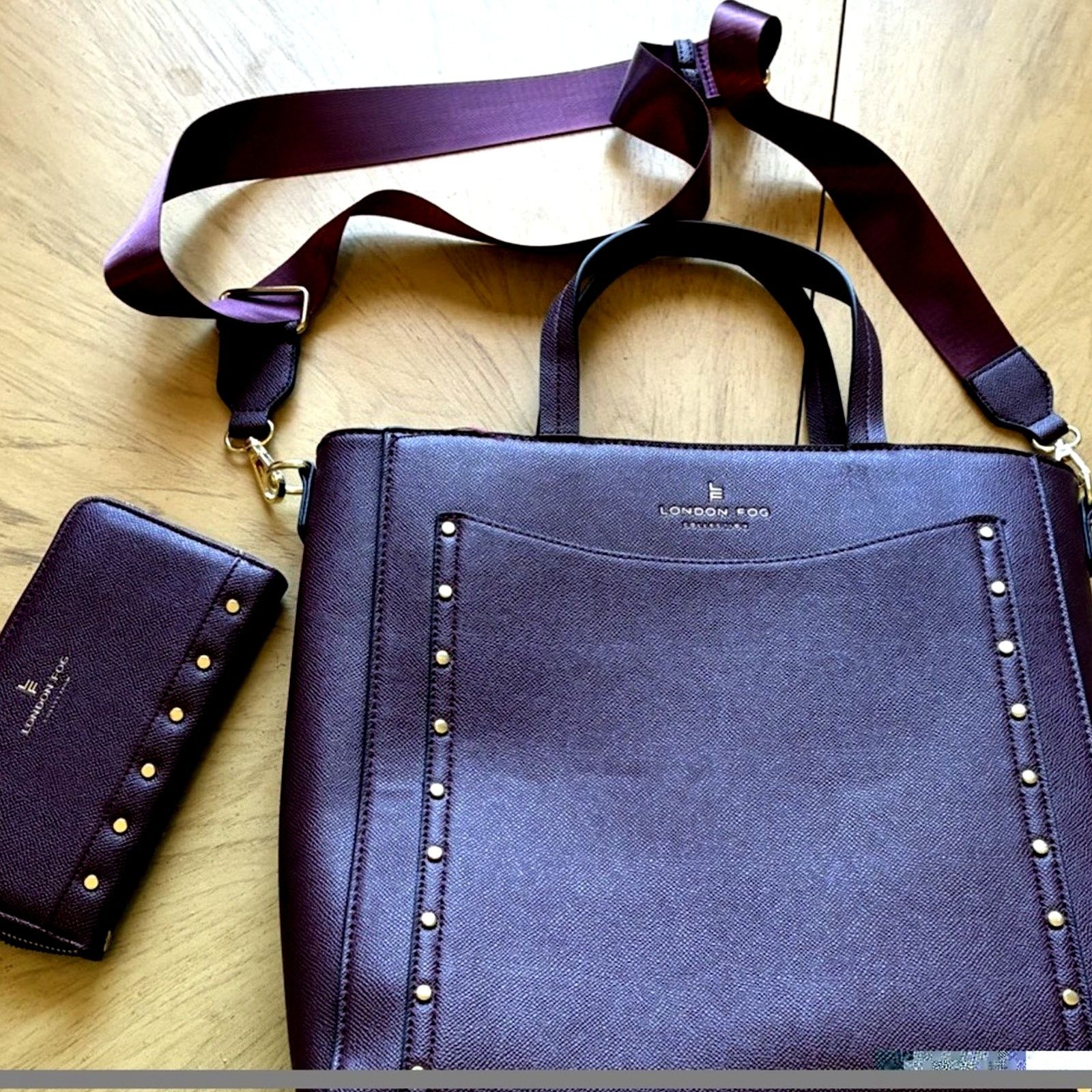 London Fog London Fog Sofia Studded Tote Bag & Matching Wallet Plum Size ONE SIZE - 6 Thumbnail