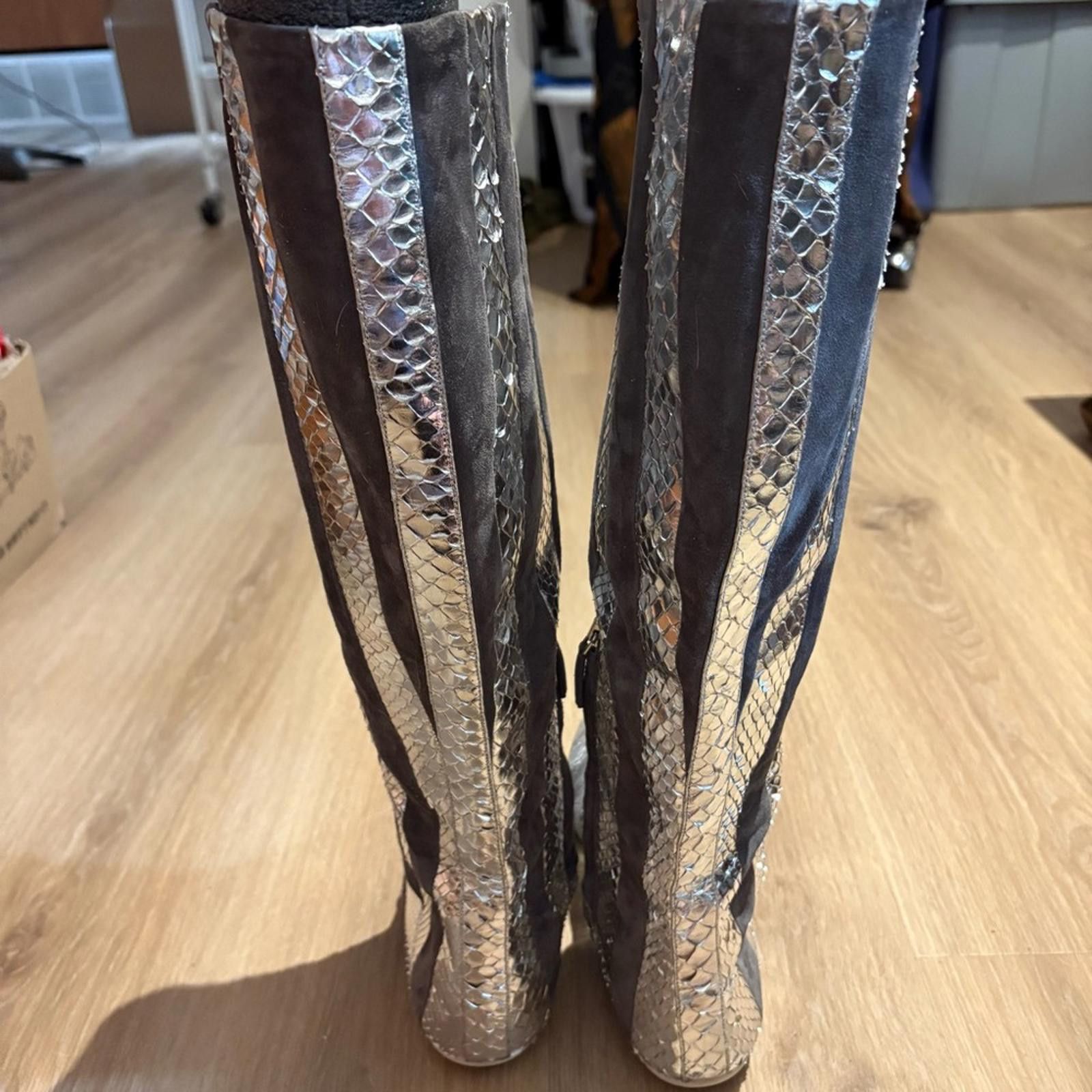 Prada Prada Stripe Metallic Snakeskin & Suede Tall Boots US 7.5–8 Size US 7.5 / IT 37.5 - 3 Thumbnail