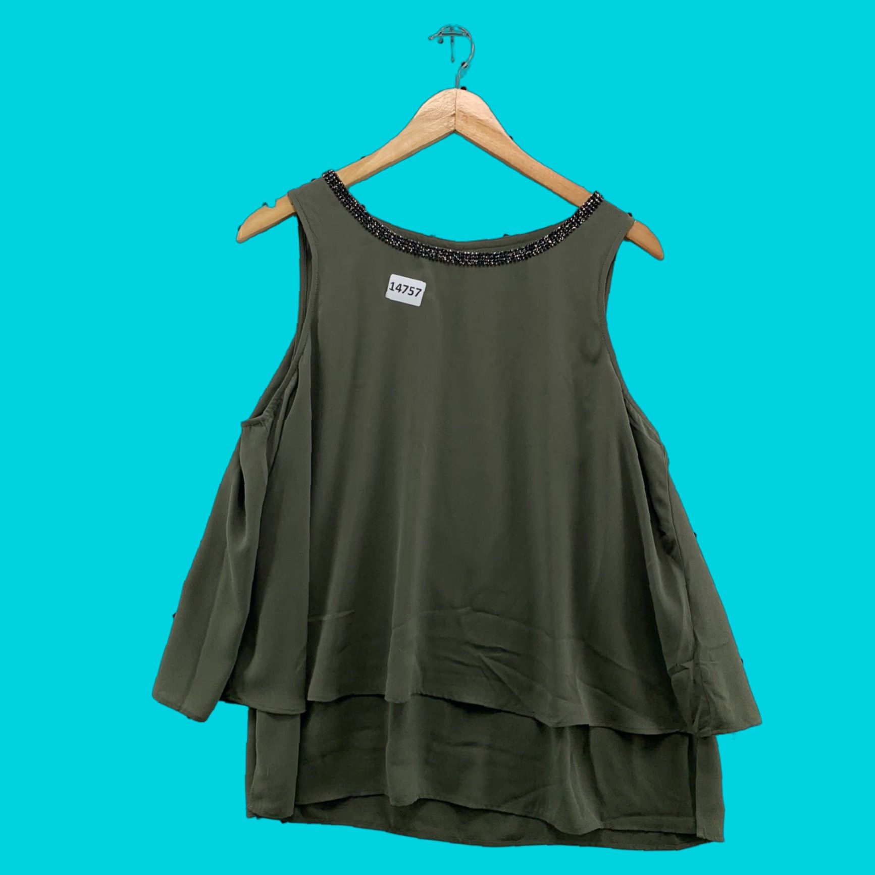 Juicy Couture Juicy Couture Womens Top Sleeveless Large Olive Green Layered Ruffle Embellished Size L / US 10 / IT 46 - 1 Thumbnail