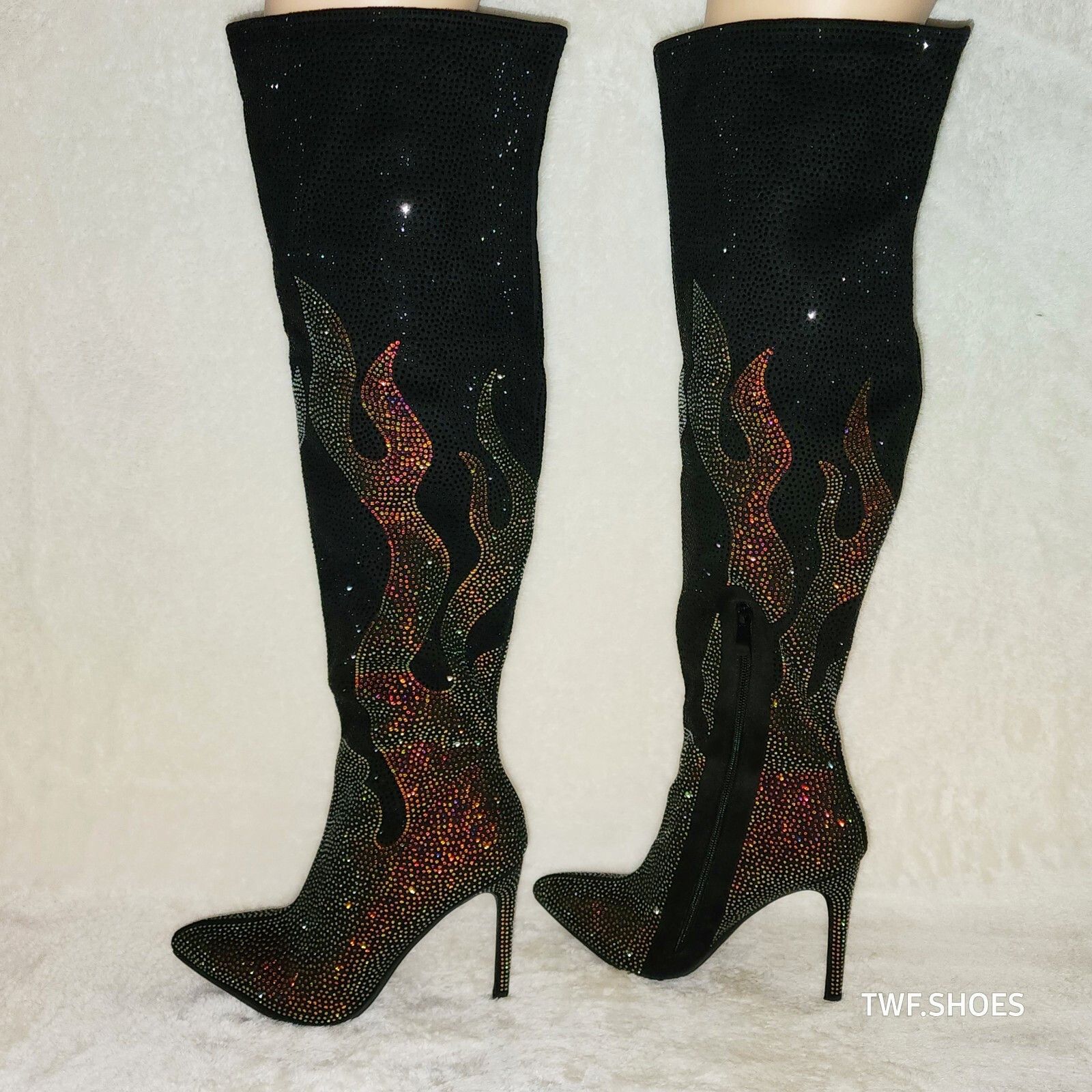 Other Like It Hot Black Rhinestone Flame Detail Sexy OTK High Heel Size US 8 / IT 38 - 3 Thumbnail