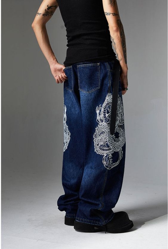 Japanese Brand Embroidered Dragon Totem Baggy Jeans Size US 33 - 2 Thumbnail