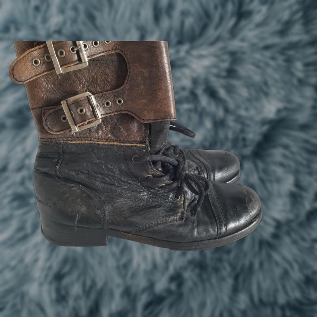VINTAGE AllSaints Combat Boots Womens 38 US 7.5 Black Brown Leather Distressed Leather Lined Buckle Adjustable Strap Cap Toe Ankle Bootes?
