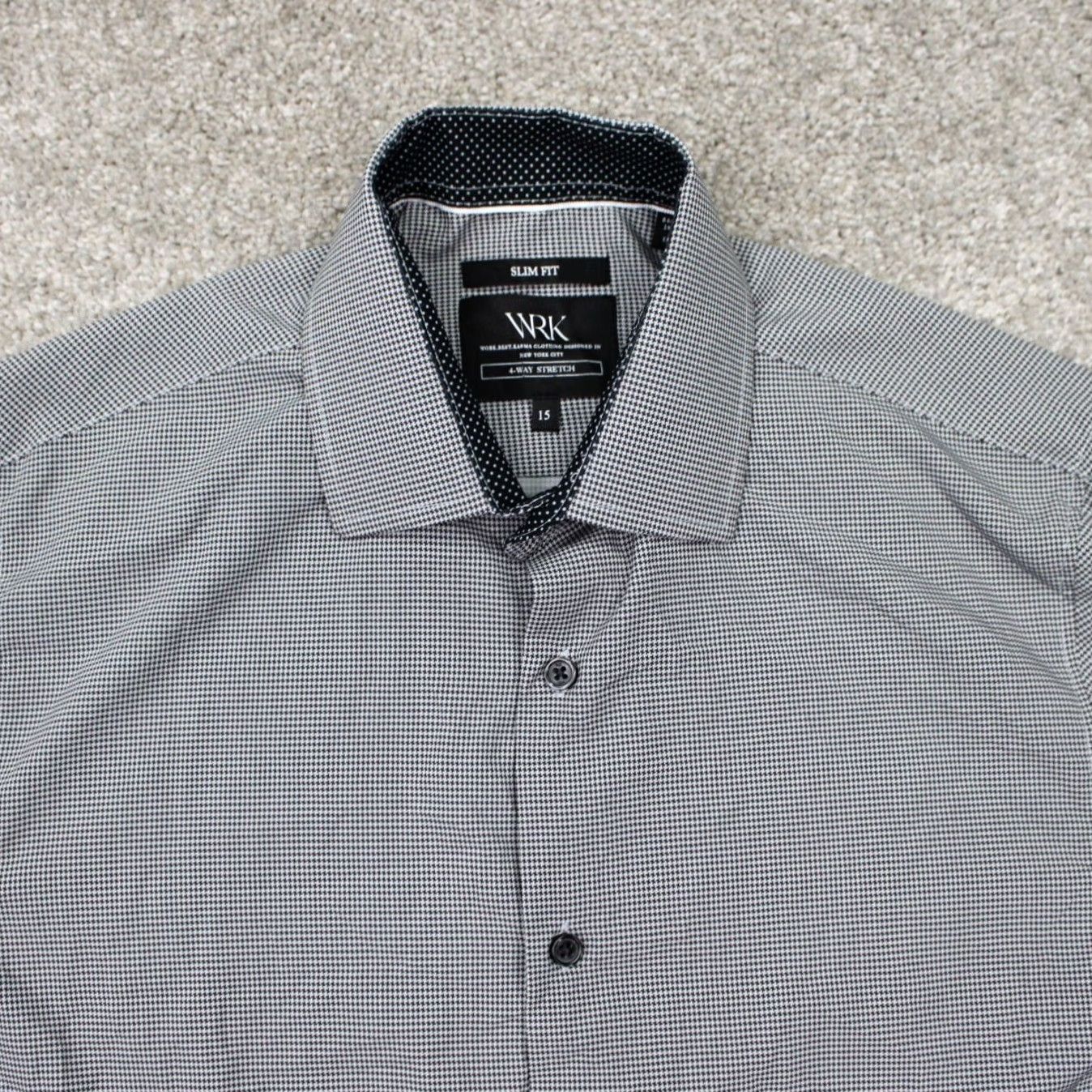 Vintage WRK Dress Shirt Mens 15 Black/White 4 Way Stretch Slim Fit L/S Button Size 40R - 6 Thumbnail
