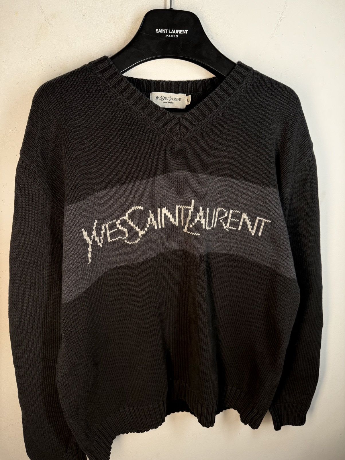 Yves Saint Laurent Black YSL Sweater Knit Big Logo V-neck Vintage y2k Rare Size US L / EU 52-54 / 3 - 11 Thumbnail