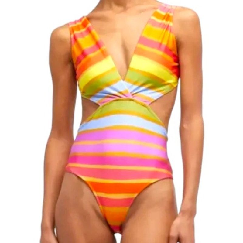 Farm Rio FARM RIO Shiny Stripes V-Neck Cutout One Piece Swimsuit, XS Size ONE SIZE - 13 Thumbnail
