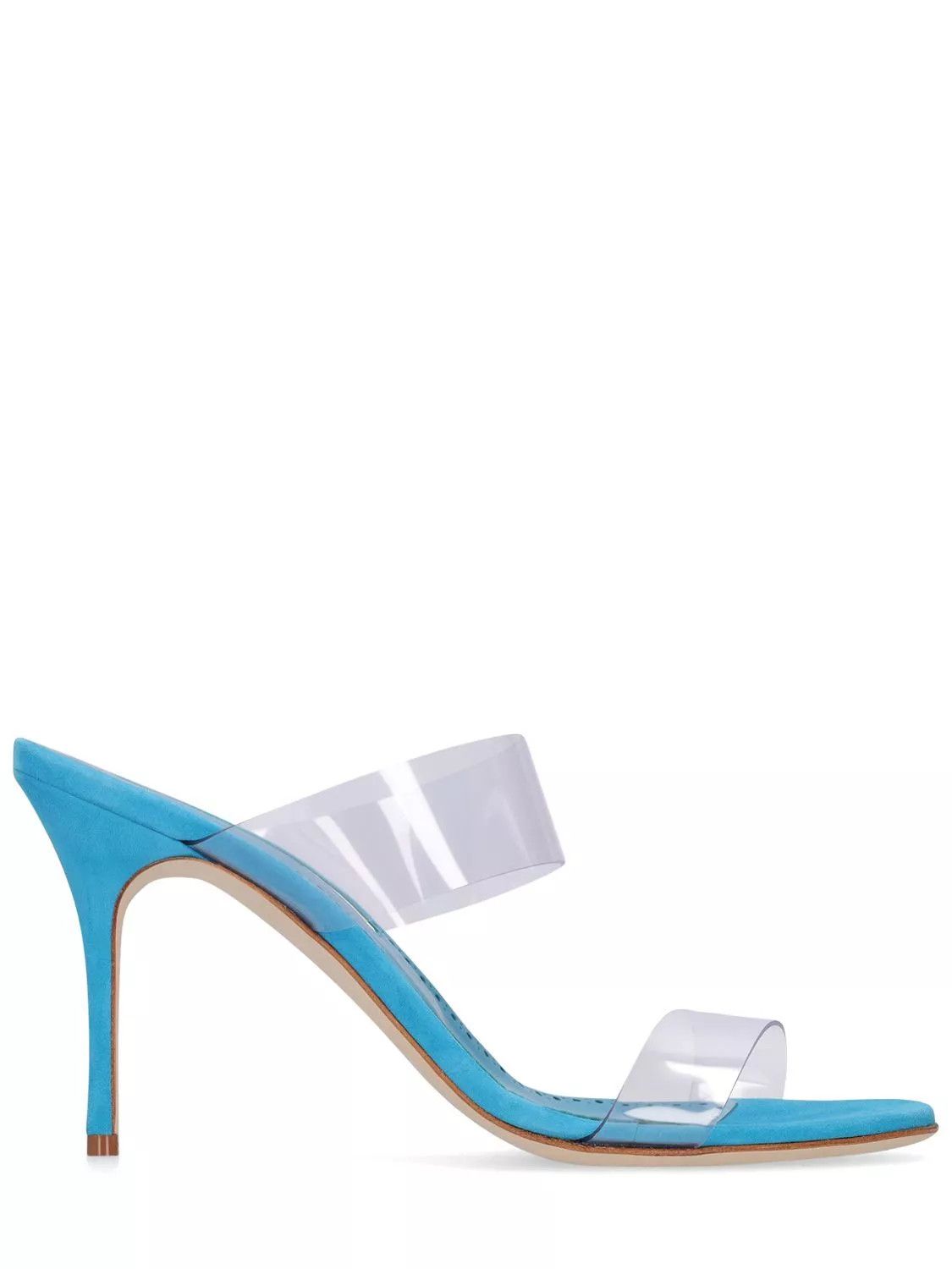 MANOLO BLAHNIK Scolto Blue PVC 90mm Heeled Mules New