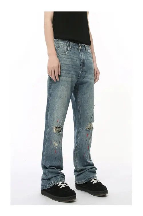 Japanese Brand × Jean Street retro colorful graffiti ripped flared washed jeans Size US 32 / EU 48 - 3 Thumbnail