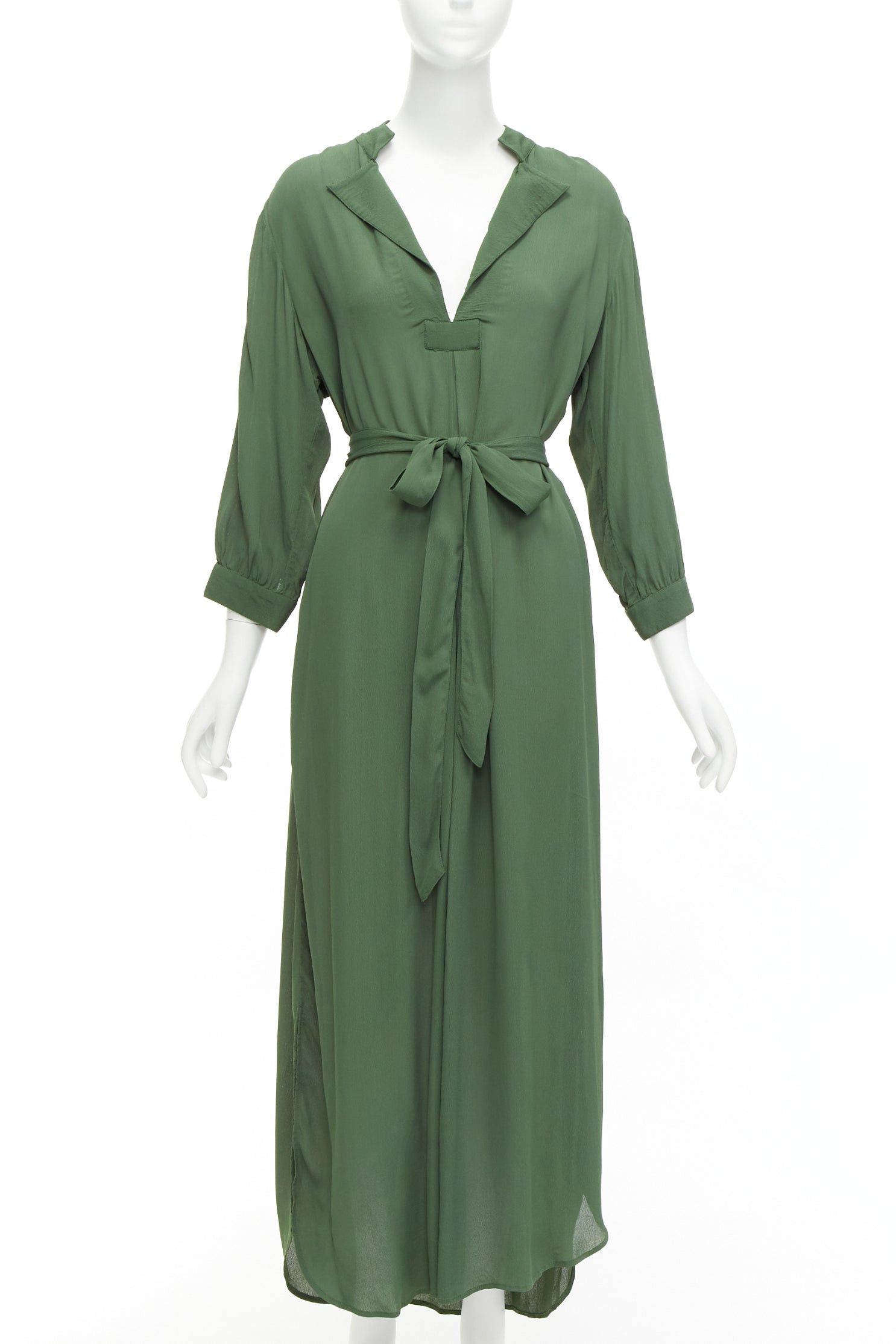 image of Wiggy Kit Forest Green Viscose V-Neck Dropped Shoulder Belted Midi Dress S, Women's (Size Medium)