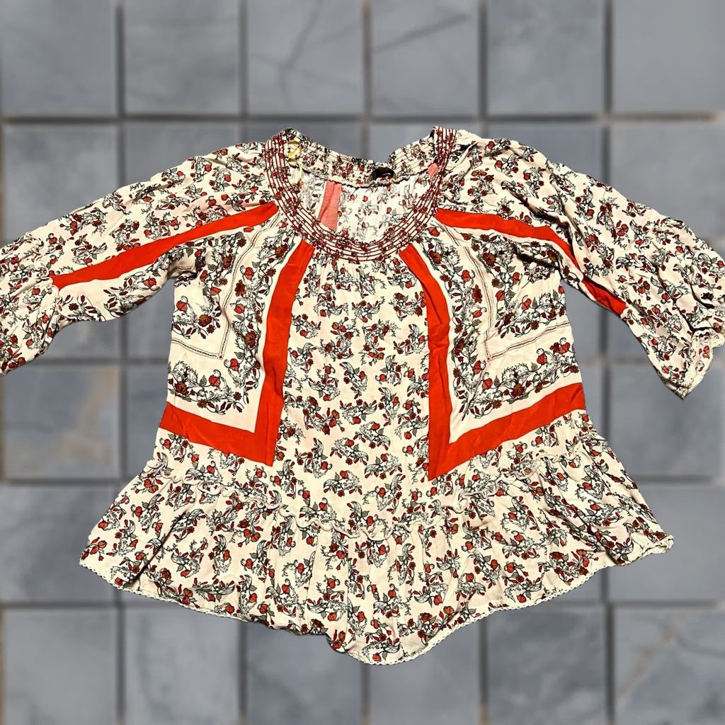 Vintage Democracy Shirt Blouse Womens Large Beige Red Floral 3/4 Bell Sleeve Ruffle L Women Size L / US 10 / IT 46 - 1 Thumbnail
