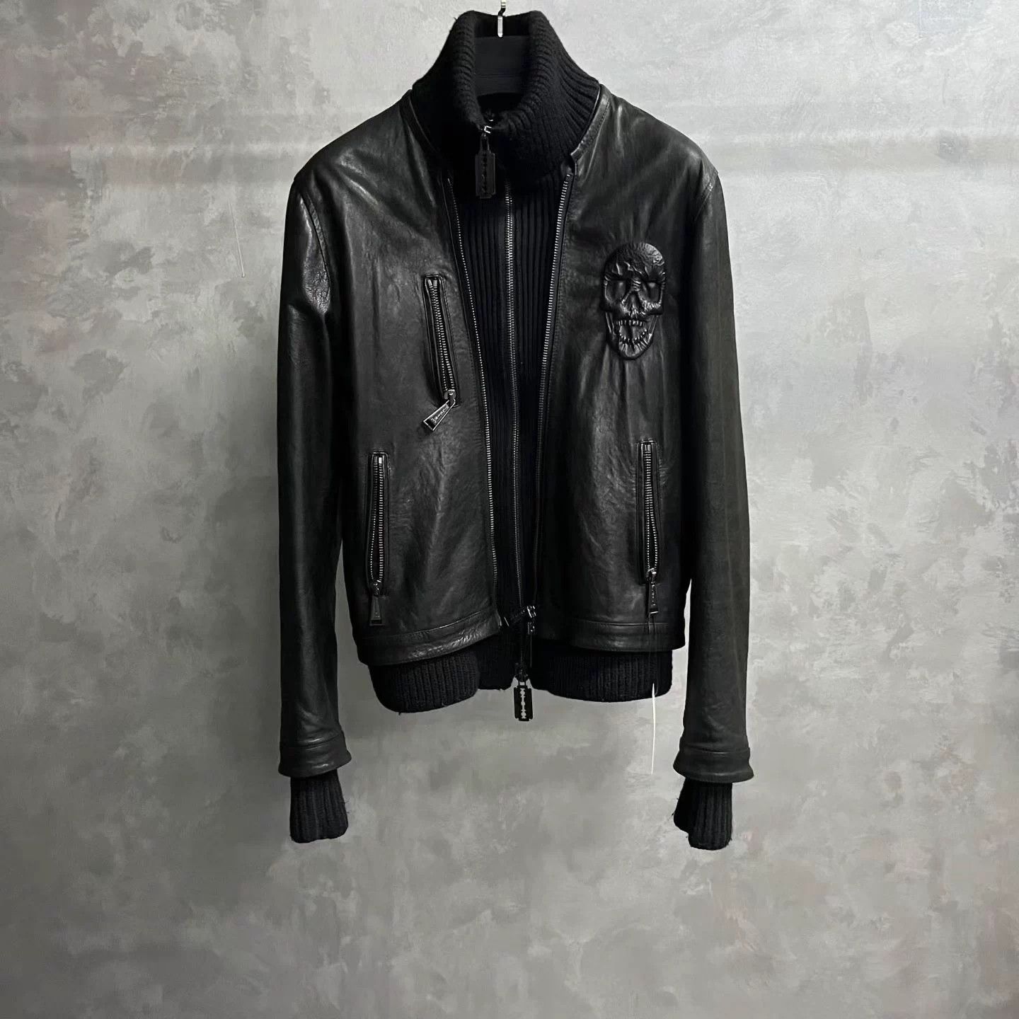 Philipp Plein Philipp Plein Men's Black Stand Collar Leather Jacket L Size US L / EU 52-54 / 3 - 1 Thumbnail