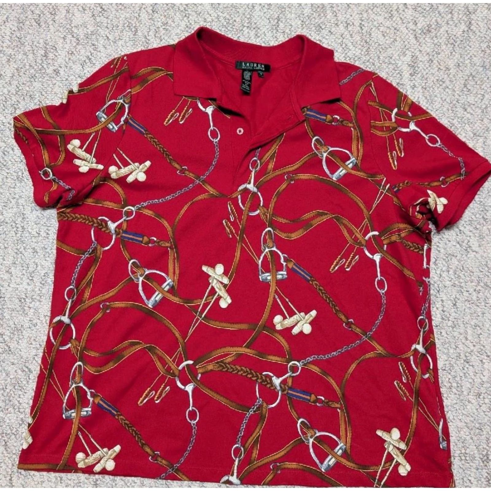 Ralph Lauren VINTAGE Ralph Lauren polo shirt HORSE-BIT all-over print RED Womens 1X Polo Cotton Blend Short Sleeve Collared Shirt Horse-Bit Size XL / US 12-14 / IT 48-50 - 2 Thumbnail