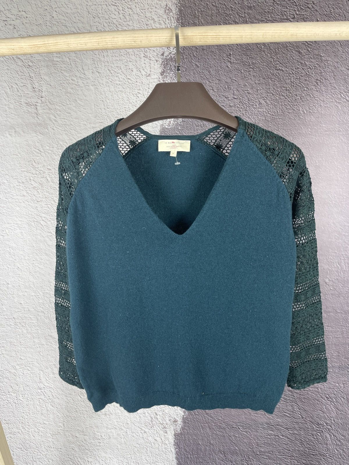 Sezane Sezane Sweater blue Green Lace Sleeves Wool Cashmere V-neck Size S / US 4 / IT 40 - 2 Thumbnail