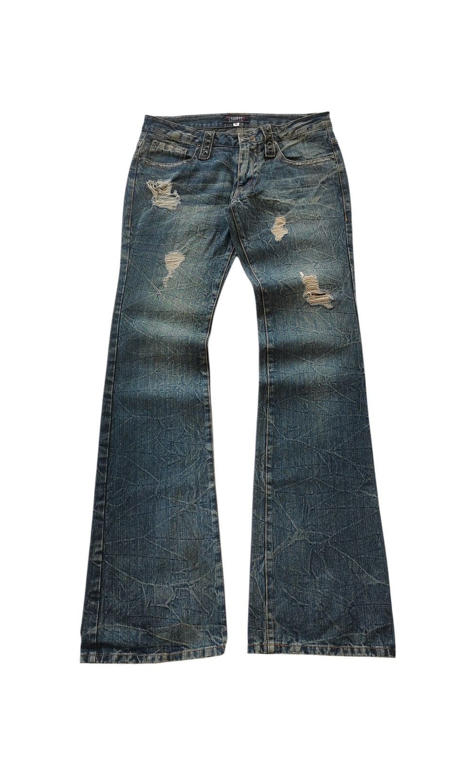 パンツ \"Lowbox\"Lame Painted Damage Flared Denim Lowbox Jeans | Grailed