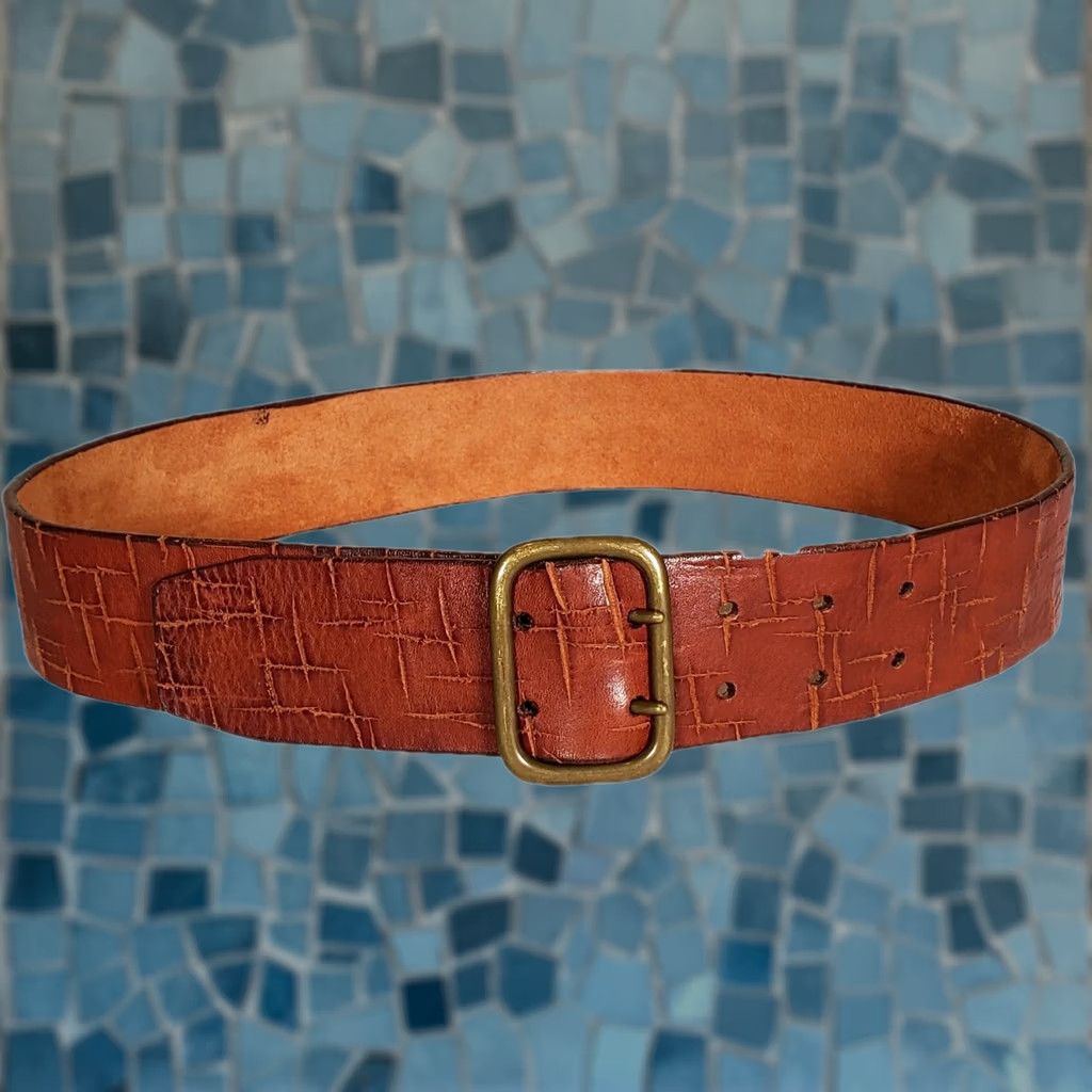 Vintage VINTAGE Distressed Cognac Brown Leather Belt Brass Double Buckle Women's 40.5" x 1.875" EUC Size ONE SIZE - 1 Thumbnail