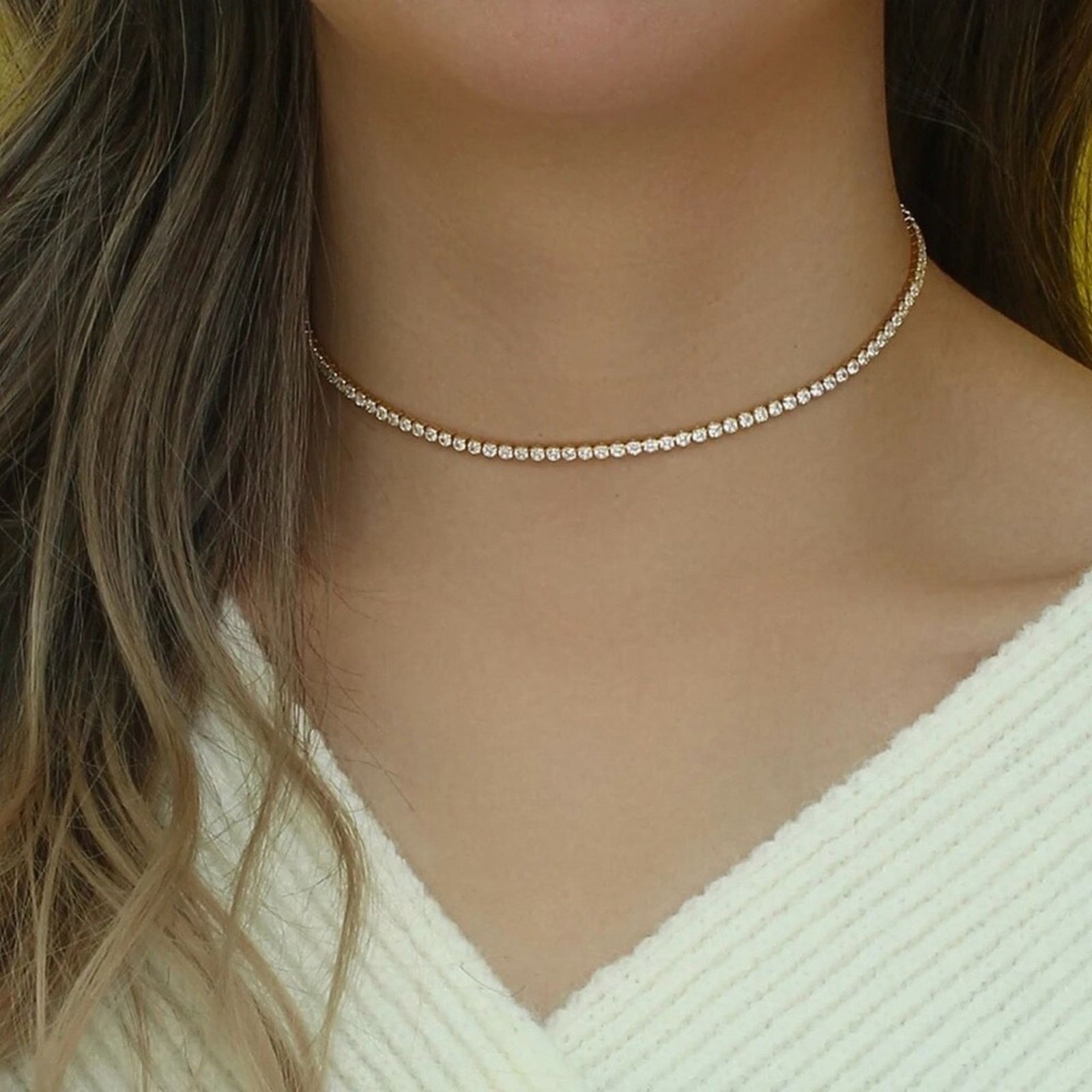 Other NEW 14K DIAMOND CHOKER TENNIS CHAIN NECKLACE 13.5” Size ONE SIZE - 1 Thumbnail