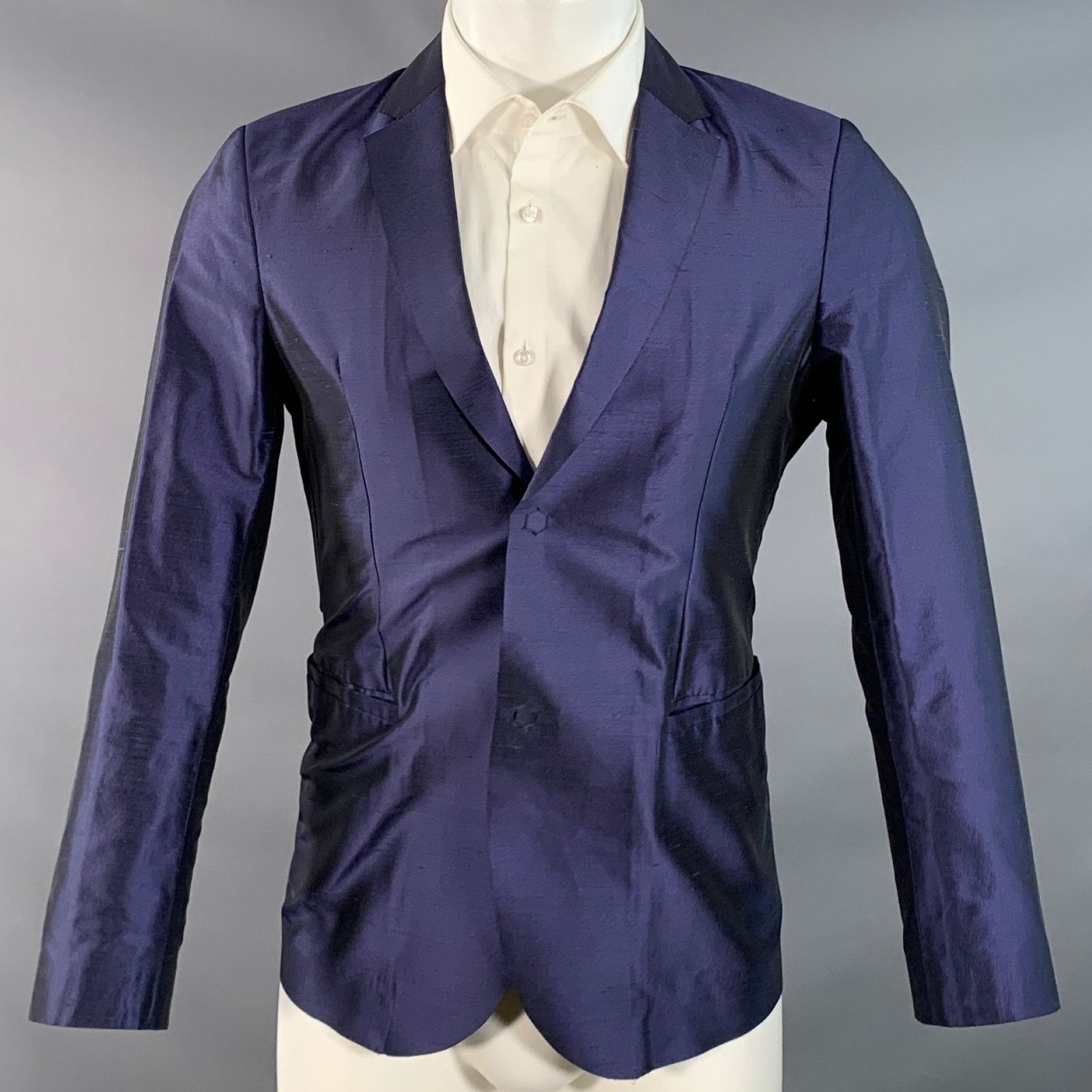 Emporio Armani EMPORIO ARMANI Regular Metallic Blue Silk Shantung Coat Size 34R - 1 Thumbnail