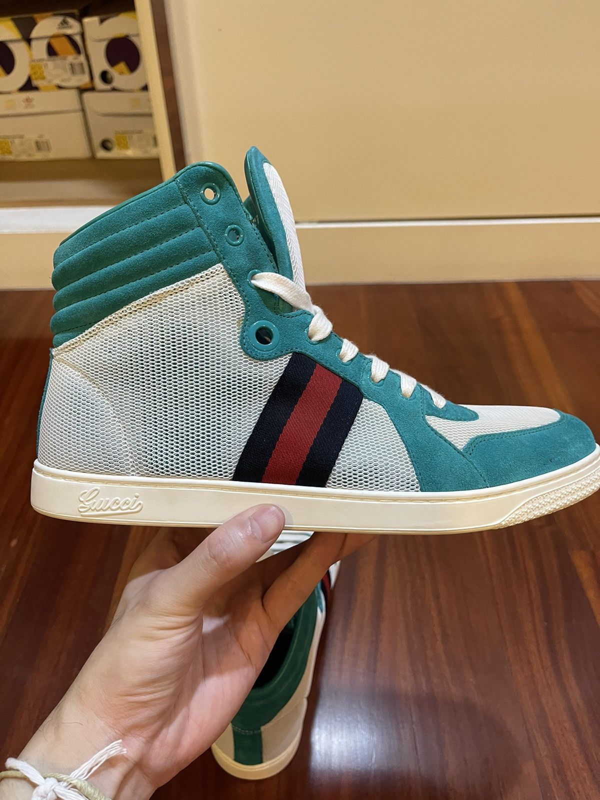 Gucci High Top Suede Mesh Green Size US 8.5 / EU 41-42 - 13 Thumbnail