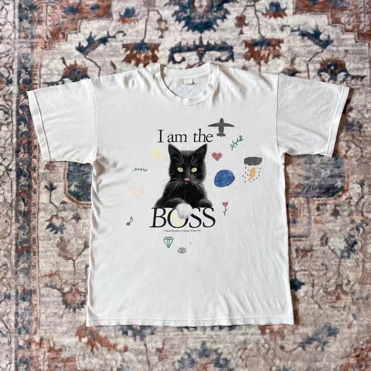 Vintage White Washed Vintage Cat Print T-Shirt Size US M / EU 48-50 / 2 - 1 Thumbnail