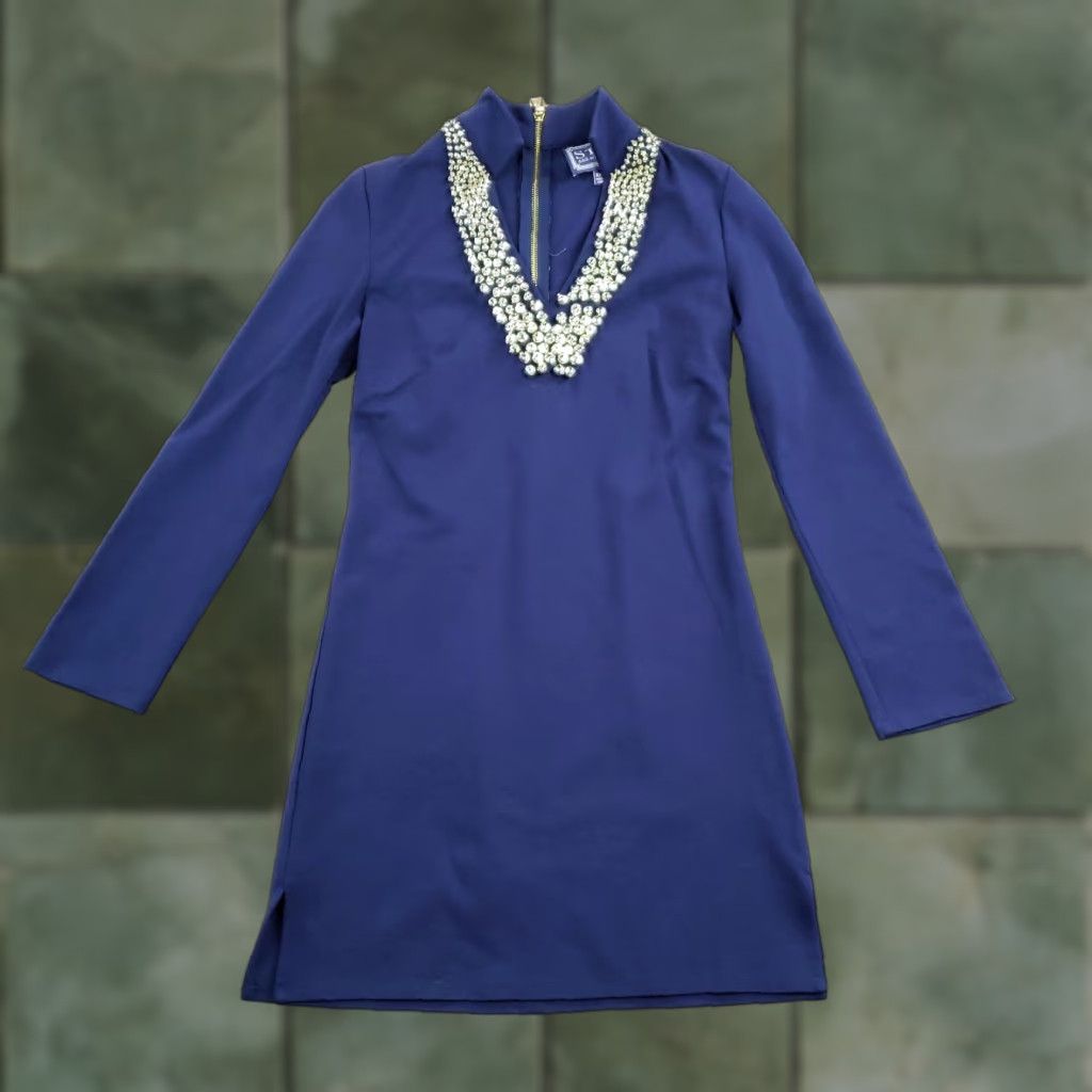 Vintage Sail to Sable Dress Womens XXS Navy Beaded Neckline Long Sleeve Shift Mini Size XXS / US 00 / IT 34 - 1 Thumbnail
