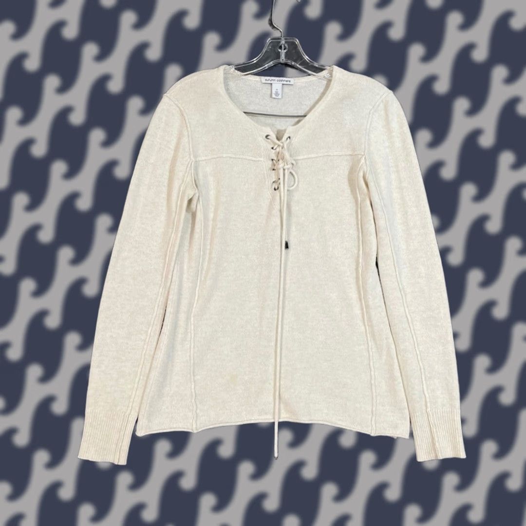 Autumn Cashmere Autumn Cashmere Blouse Women Medium Cream 100% Cashmere Tie Up V-Neck Long Sleeve Shirt Size M / US 6-8 / IT 42-44 - 1 Thumbnail