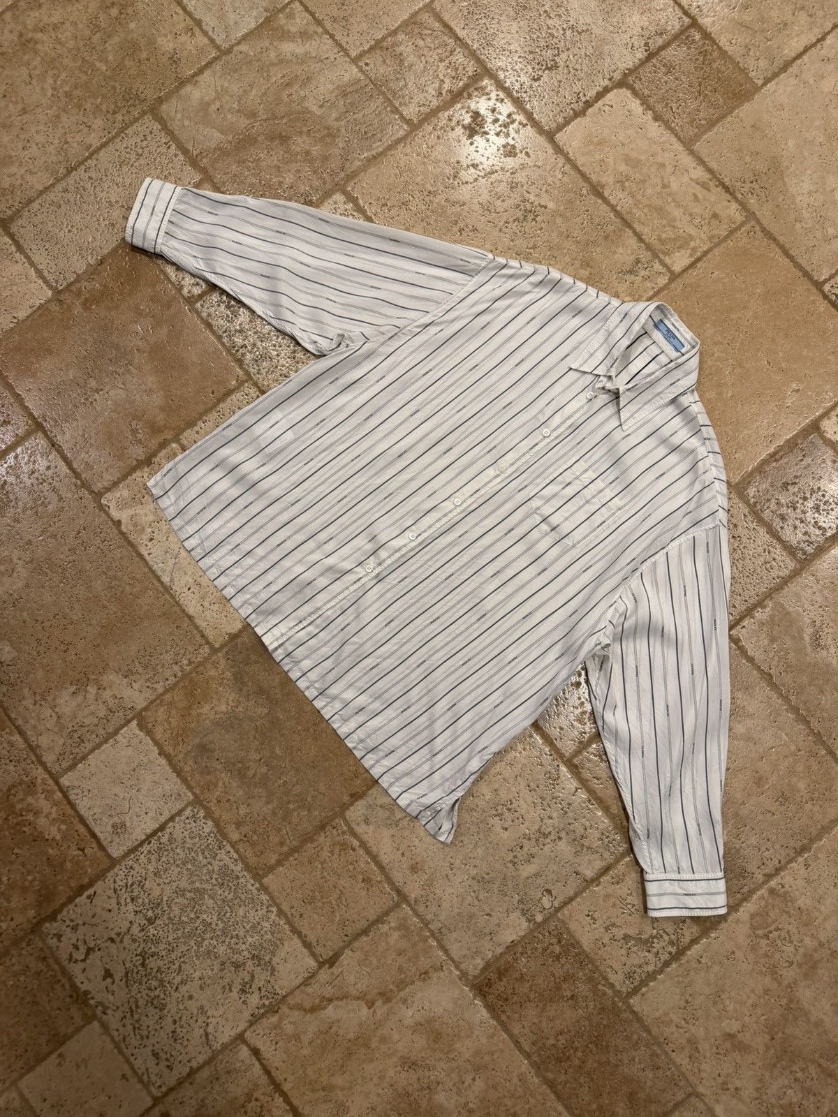 Prada Prada Raf Simons 2022 Logo Stripe White Silk Button Up Shirt Size US XL / EU 56 / 4 - 5 Thumbnail
