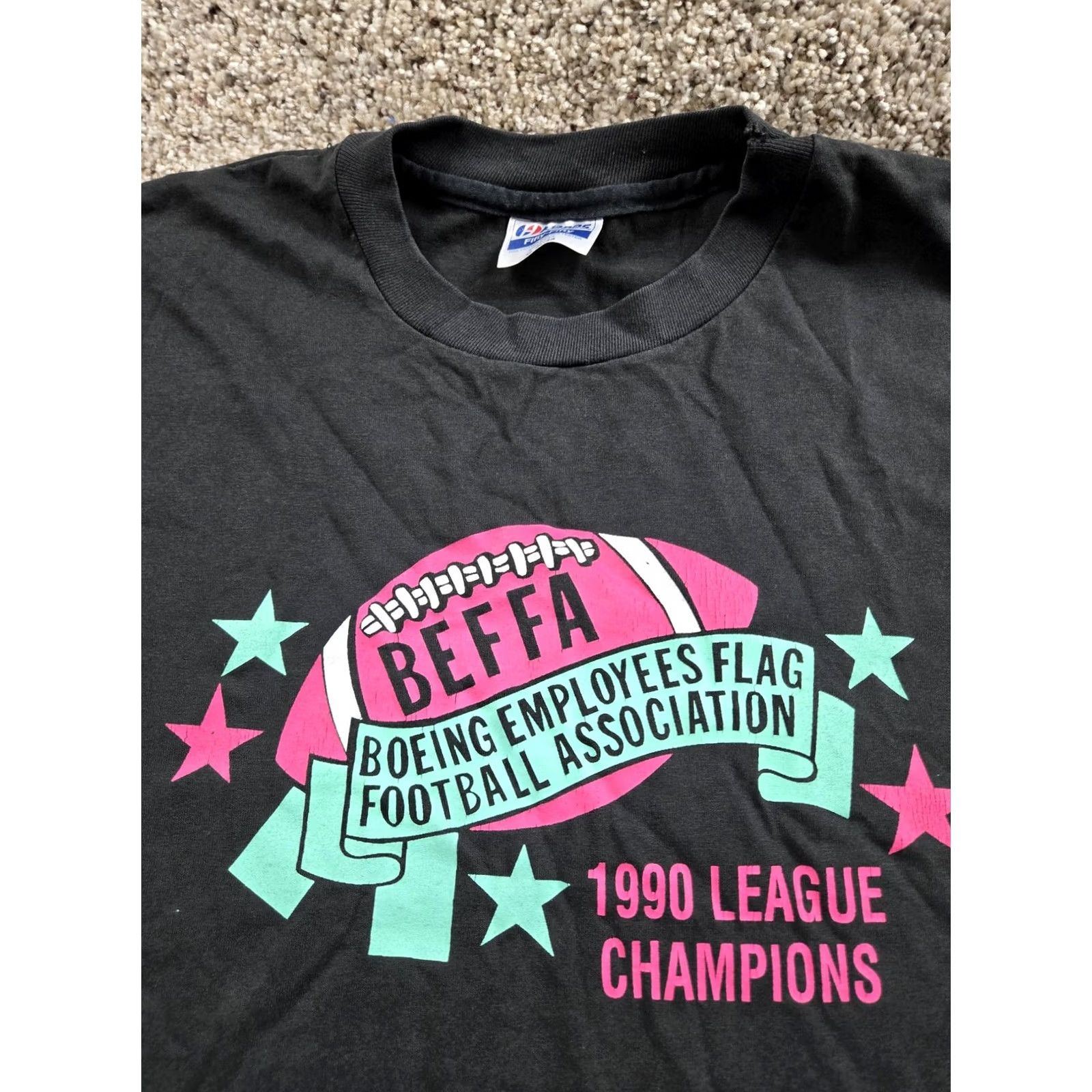 Hanes VINTAGE BEFFA Boeing Employee Flag Football T Shirt Mens XL Black 1990 Champions Size US XL / EU 56 / 4 - 2 Thumbnail