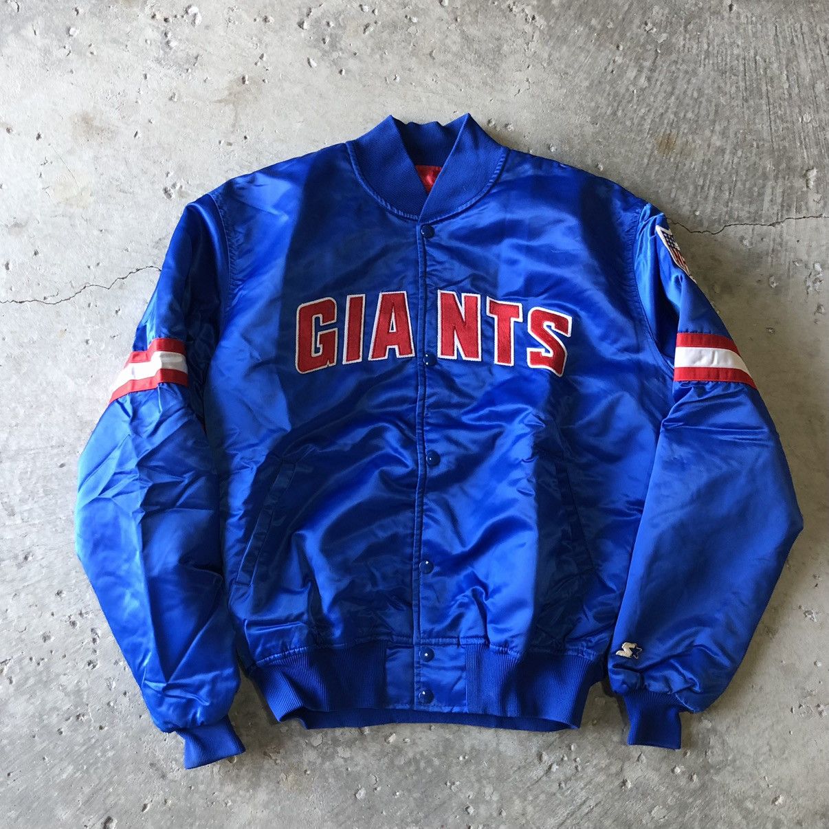 image of Nfl x Starter Vintage 90's New York Giants Starter Satin Bomber Jacket in Blue, Men's (Size XL)