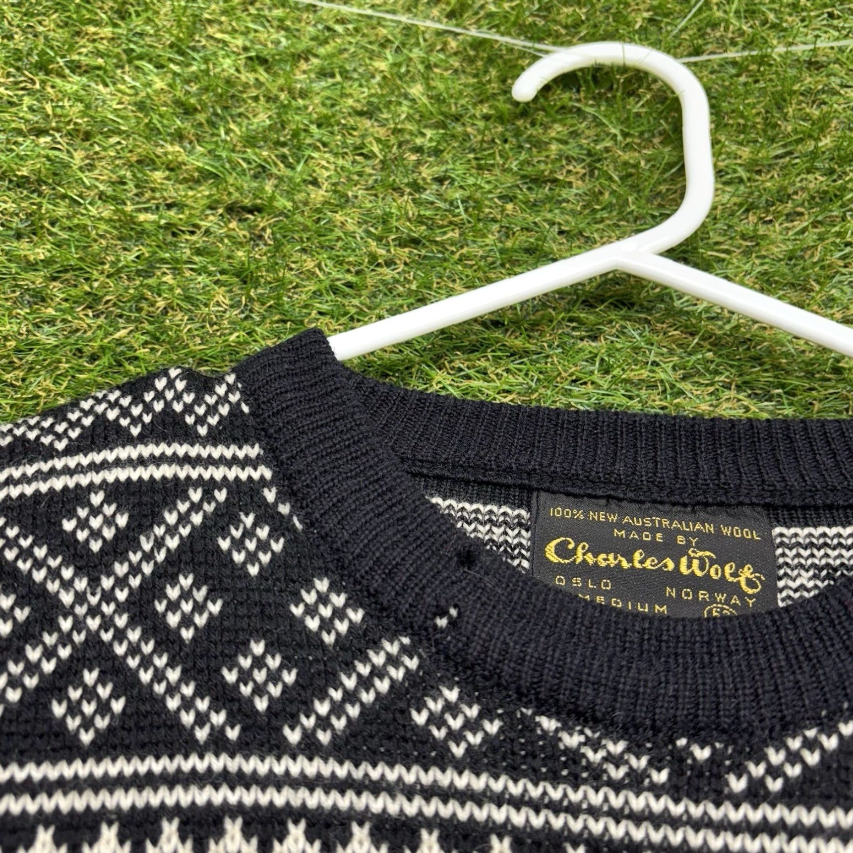 Vintage VINTAGE Charles Wolf Wool Sweater Mens M Nordic Norway Fair Isle Wool Pullover Knit Regular Black Grey All Seasons Long Sleeve Crew Neck Men 90s? Size US M / EU 48-50 / 2 - 3 Thumbnail