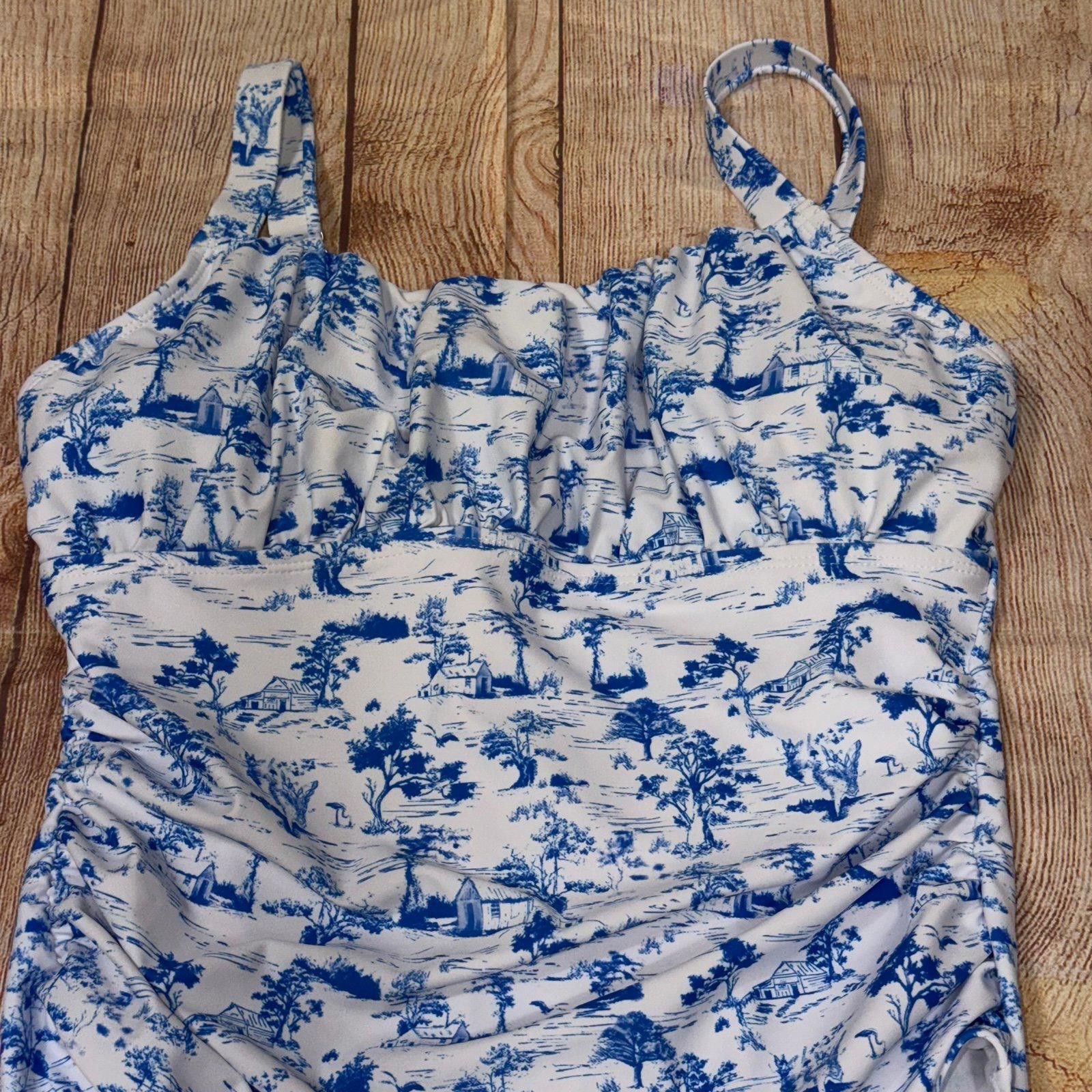 Other Blue and White Toile Print One-Piece Swimsuit, Women's Large Size ONE SIZE - 2 Thumbnail