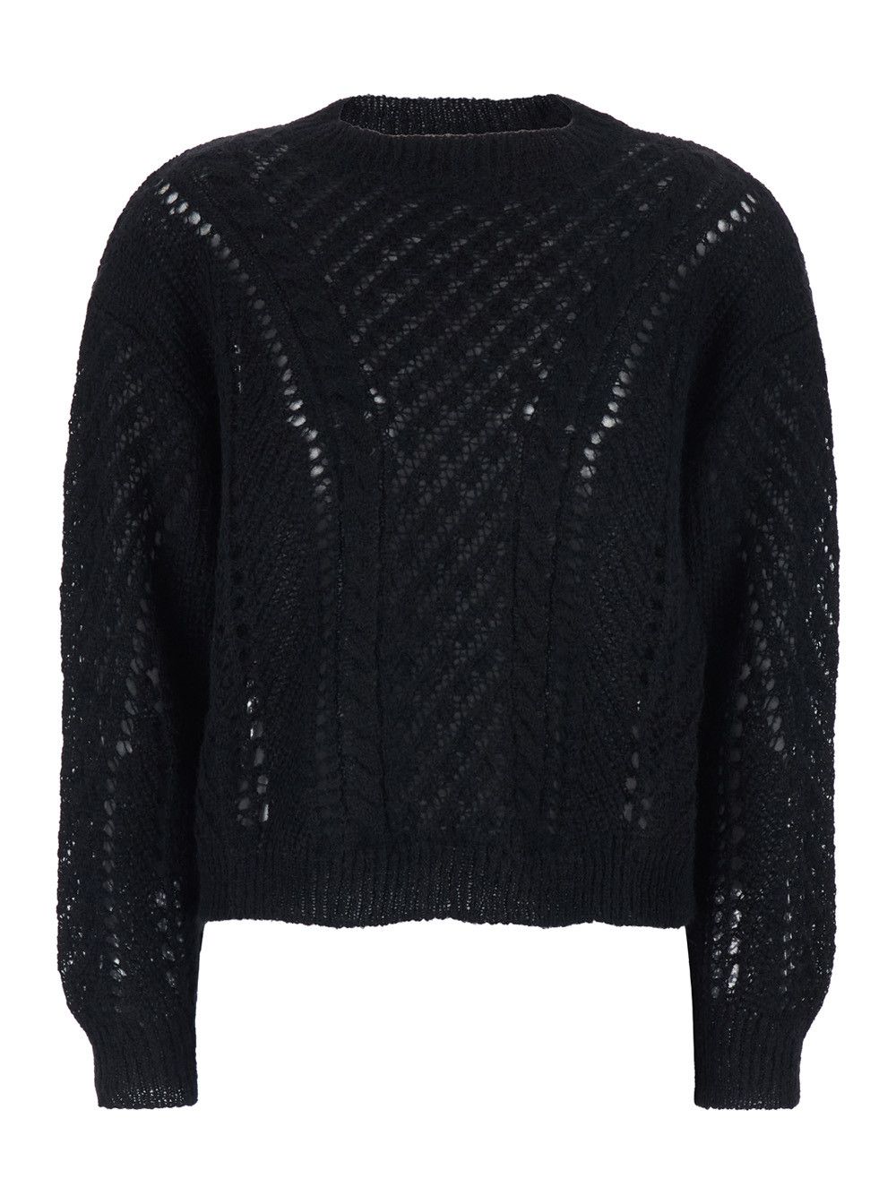TWINSET Black Crewneck Sweater with Logo Plaque on the Rear and Perforated Design in Wool Woman Size M / US 6-8 / IT 42-44 - 1 Thumbnail