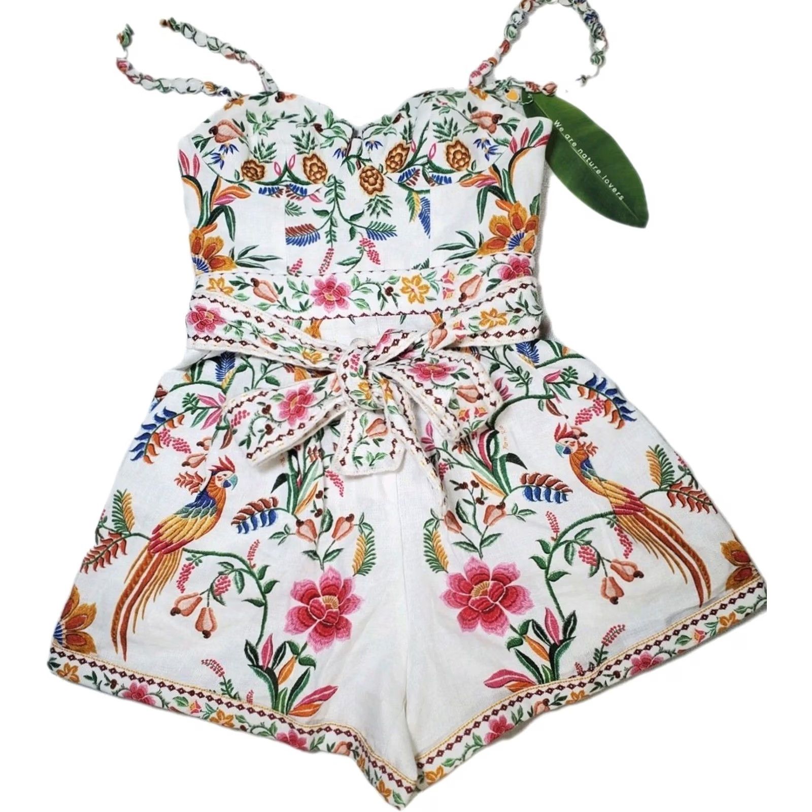 Farm Rio Farm Rio Delicate Forest Off-White Euroflax Premium Linen Romper Women's XXS NEW Size 24" / US 00 / IT 34 - 7 Thumbnail