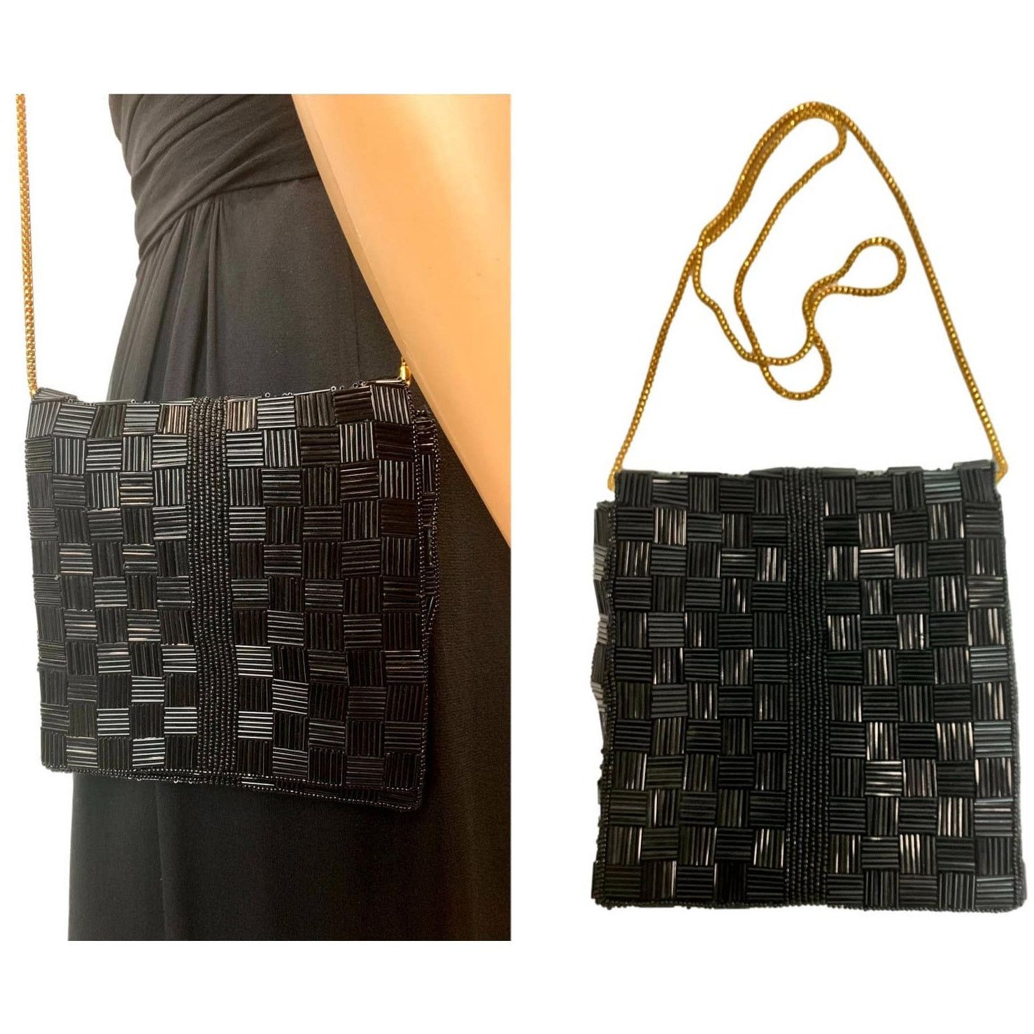 80's Black Beaded Shoulder Bag W Gold Chain | Evening Bag, Women's