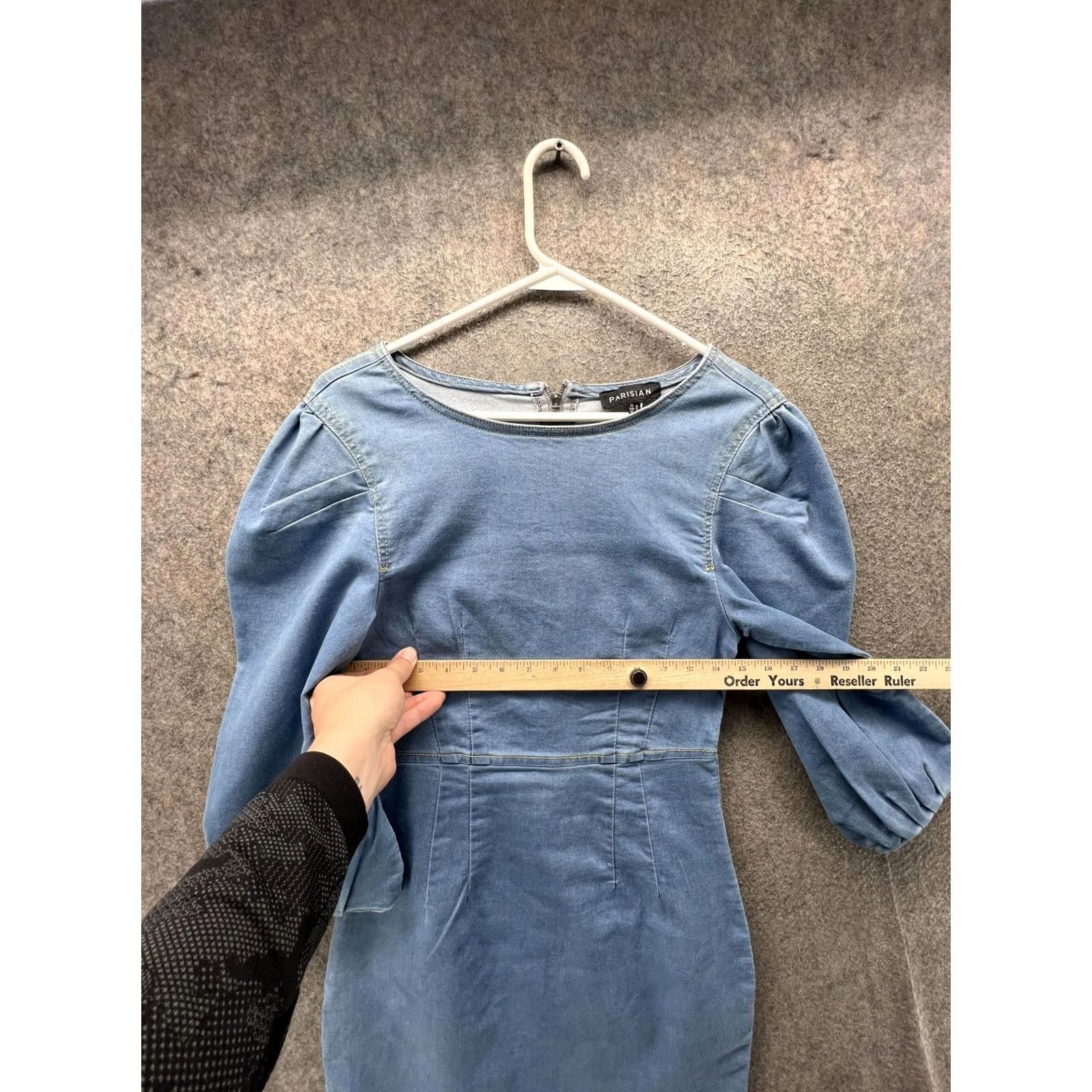 Vintage Parisian Dress Womens 12 Blue Denim Puff Sleeve Bodycon Mini Short Stretch Dress Size 34" / US 12 / IT 48 - 3 Thumbnail