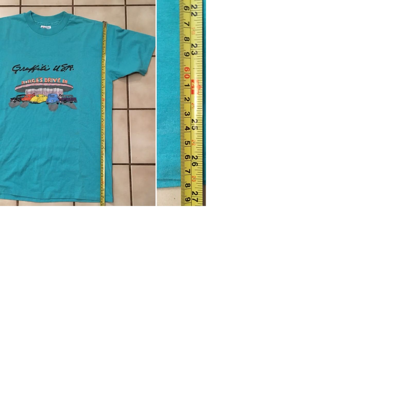 Hanes VINTAGE Hanes Graphic Tee Turquoise 1990s 1990s Burge’s Drive In L Men's Short Sleeve Cotton Blend USA Printed Fifty Fifty Shirt Size US L / EU 52-54 / 3 - 9 Thumbnail
