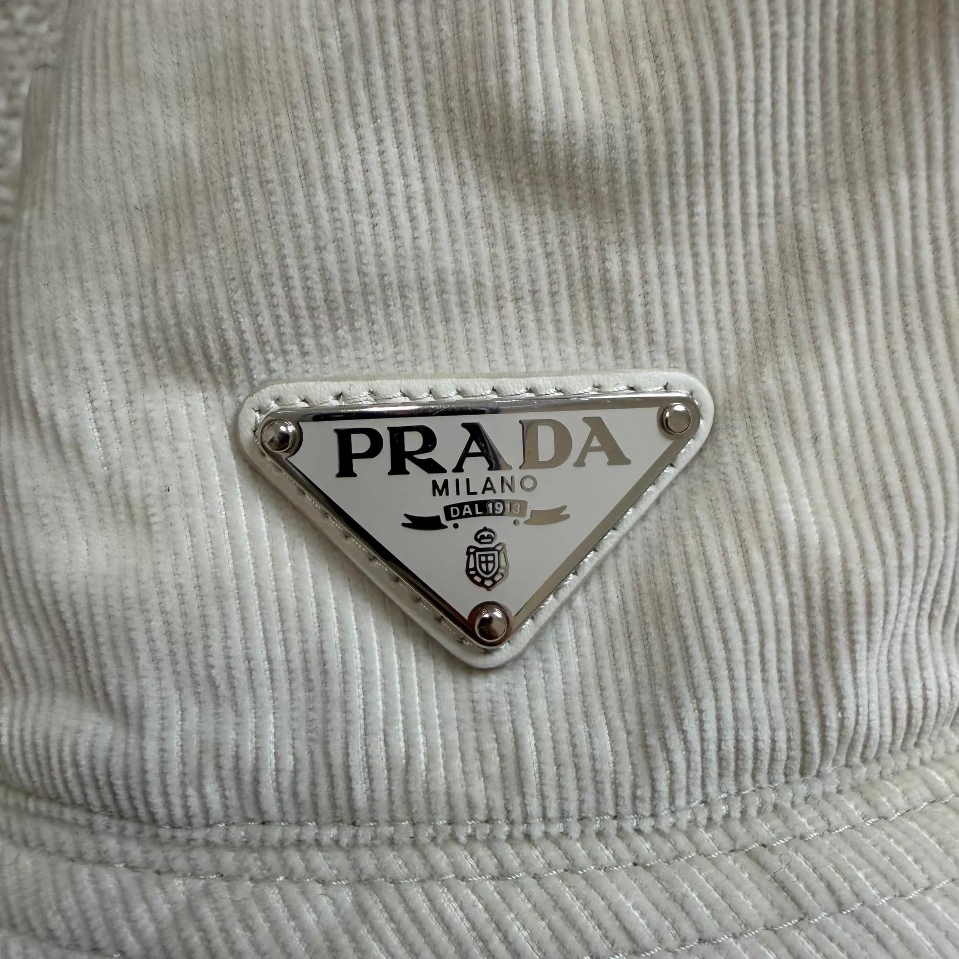 Prada PRADA Enamel Logo Corduroy Bucket Hat Men's Ivory L Size ONE SIZE - 3 Thumbnail