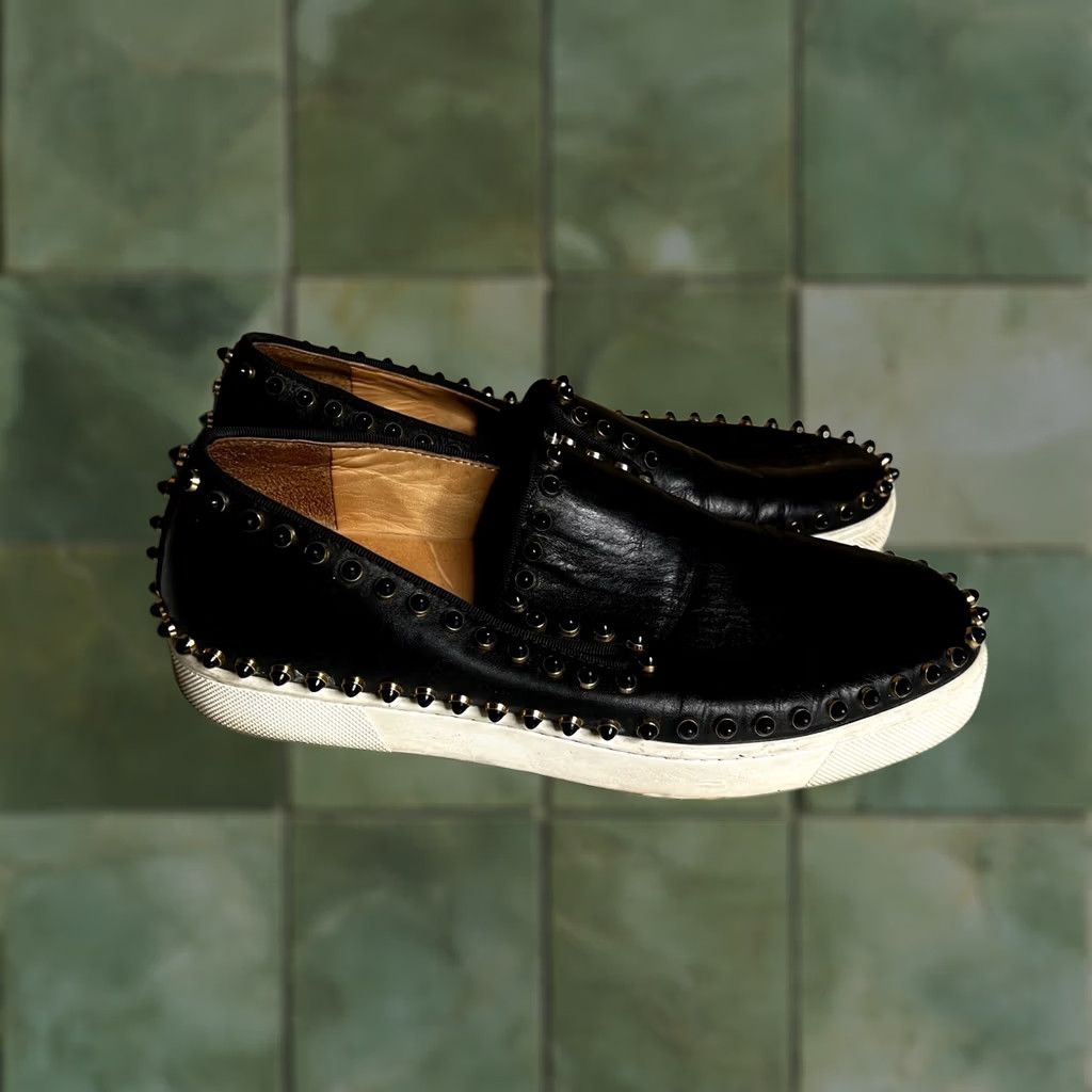 Christian Louboutin Christian Louboutin Roller Boat Black Leather Spiked Slip On Sneakers 37.5 Womens Shoes Men? Size US 8 / IT 38 - 1 Thumbnail