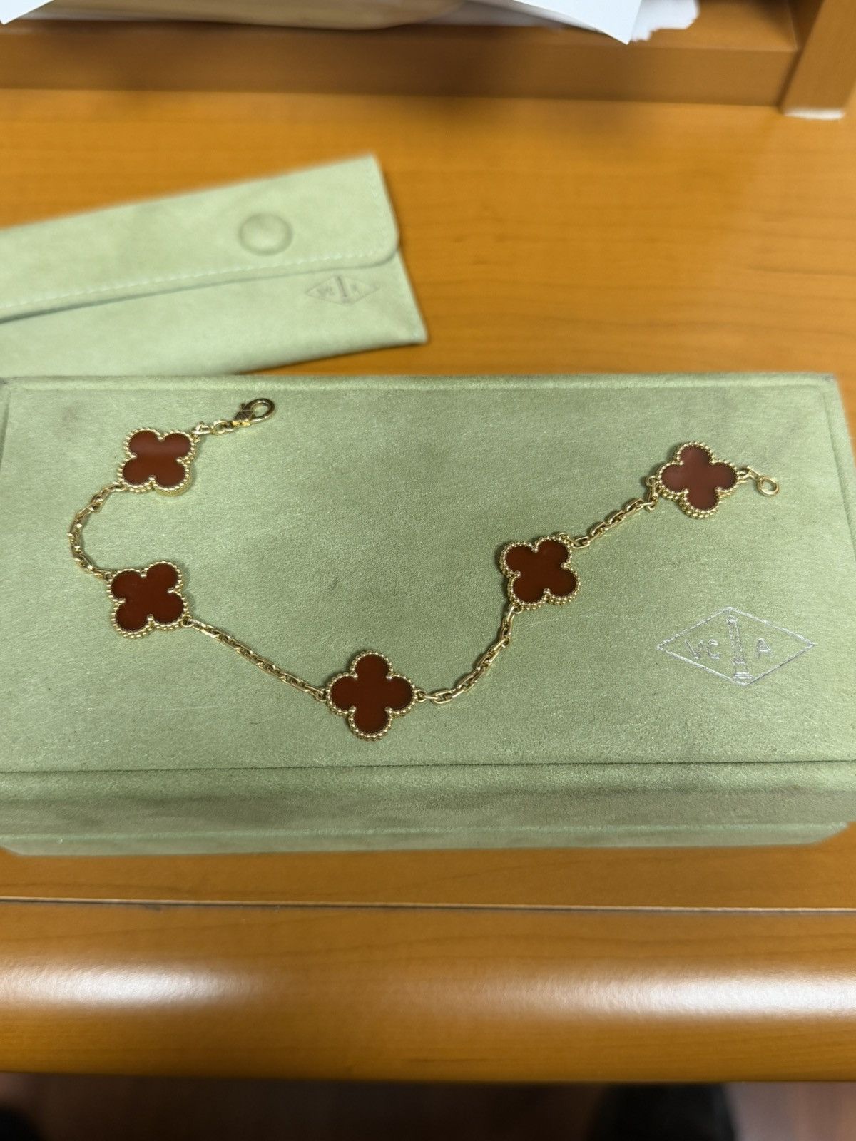 Van Cleef & Arpels Van Cleef Vintage Alhambra 5-Motif Gold Carnelian Bracelet Size ONE SIZE - 4 Thumbnail