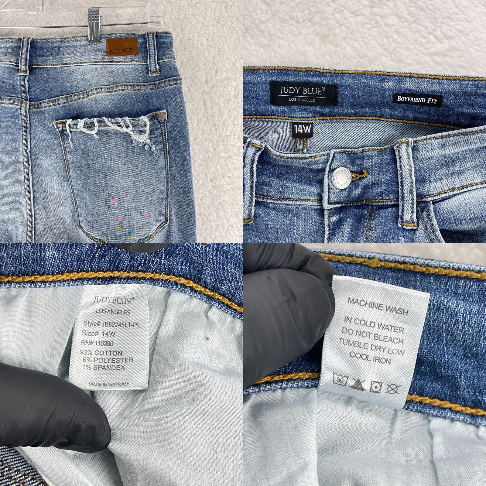 Denime Judy Blue Boyfriend Jeans Womens Size 14W Blue Denim Paint Splatter Distressed Jeans - 5-Pocket, High Rise, Inseam 29" - Plus Size, Regular Fit Size 36" / US 14 / IT 50 - 9 Thumbnail